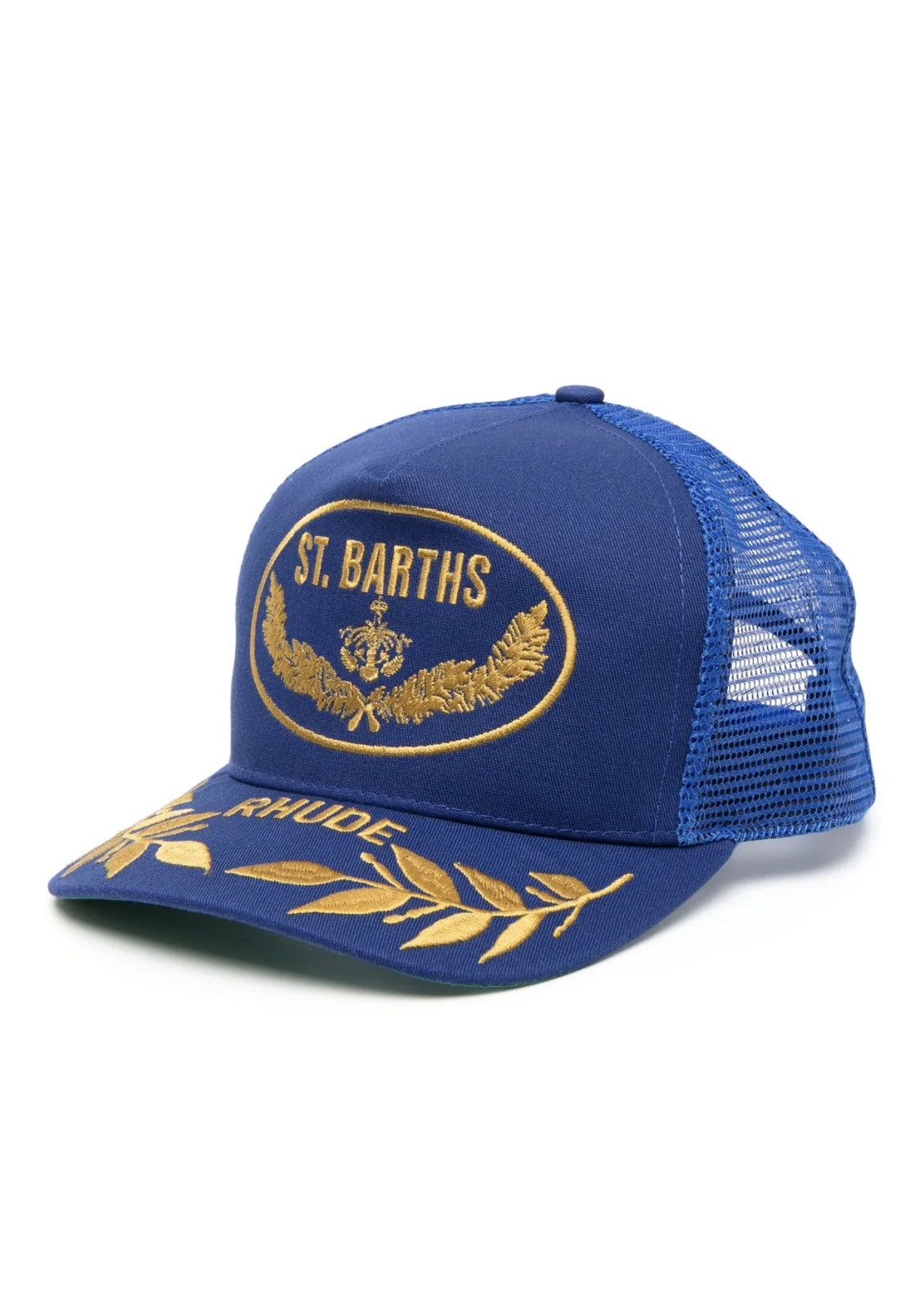 image of Rhude St. Barths Logo-Embroidered Trucker Cap in Royal Blue/Yellow Gold, Men's