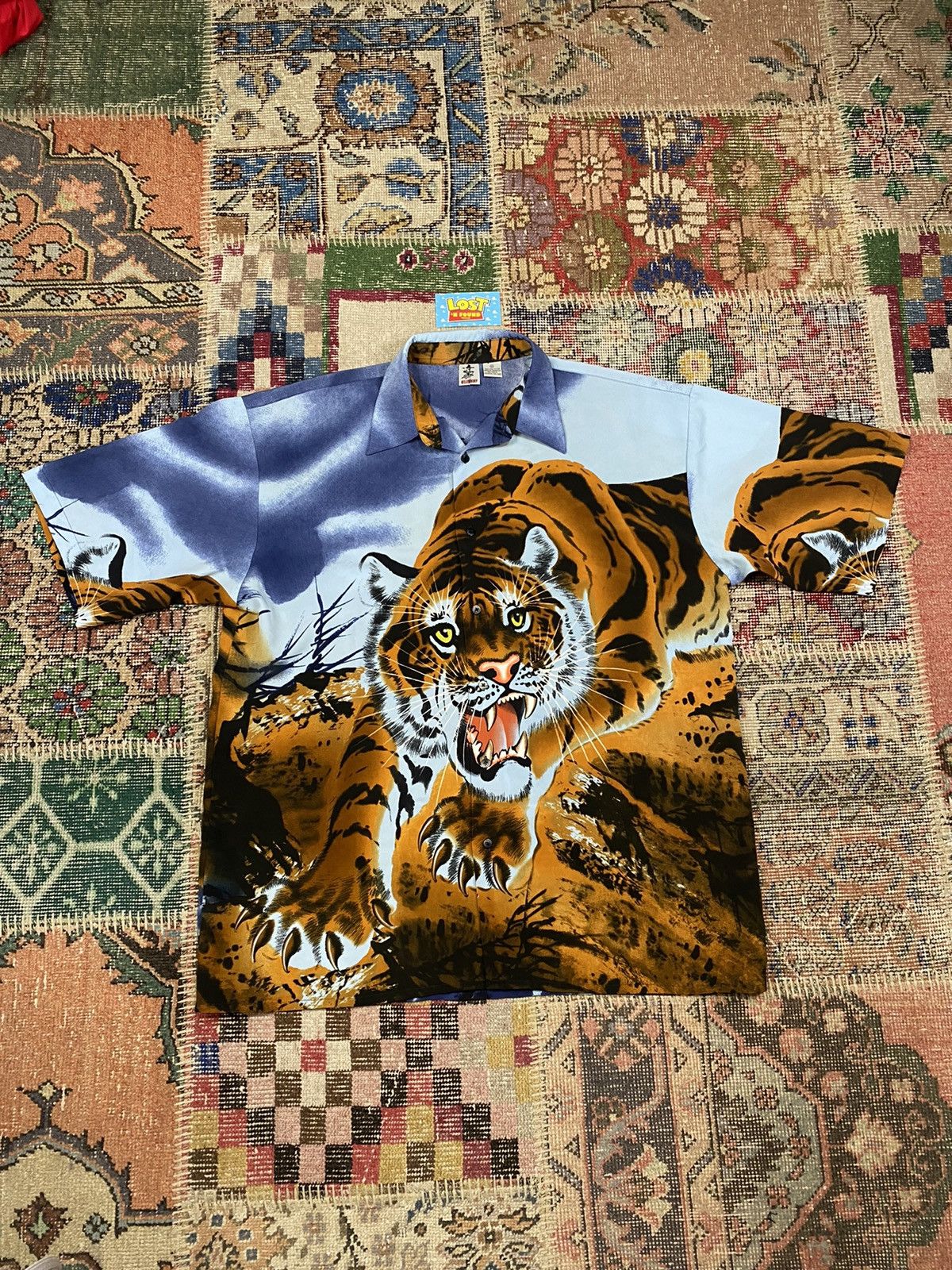 image of Animal Tee x Vintage ‘90S Vintage Tiger All Over Print Animal Button Up Shirt, Men's (Size XL)