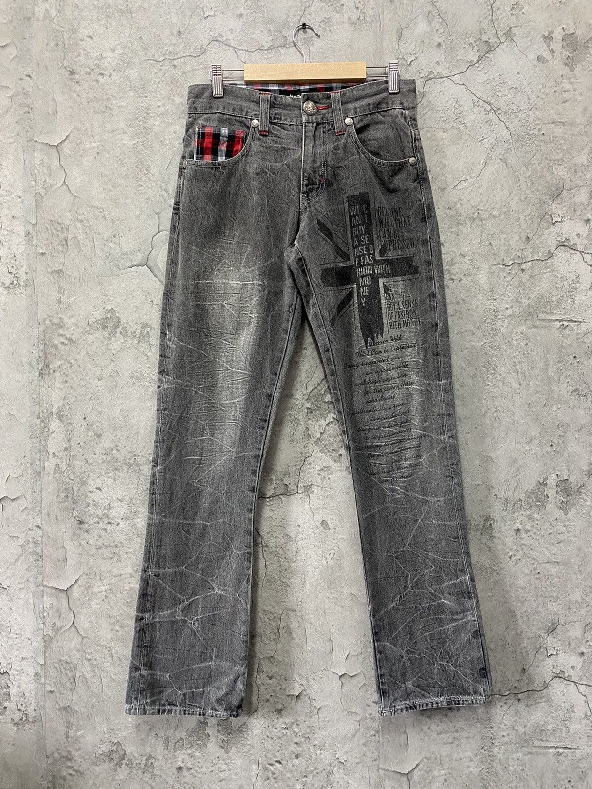 image of Japan Brand Wild Life Poem Printed Denim Pants Vintage in Grey Wash, Men's (Size 30)