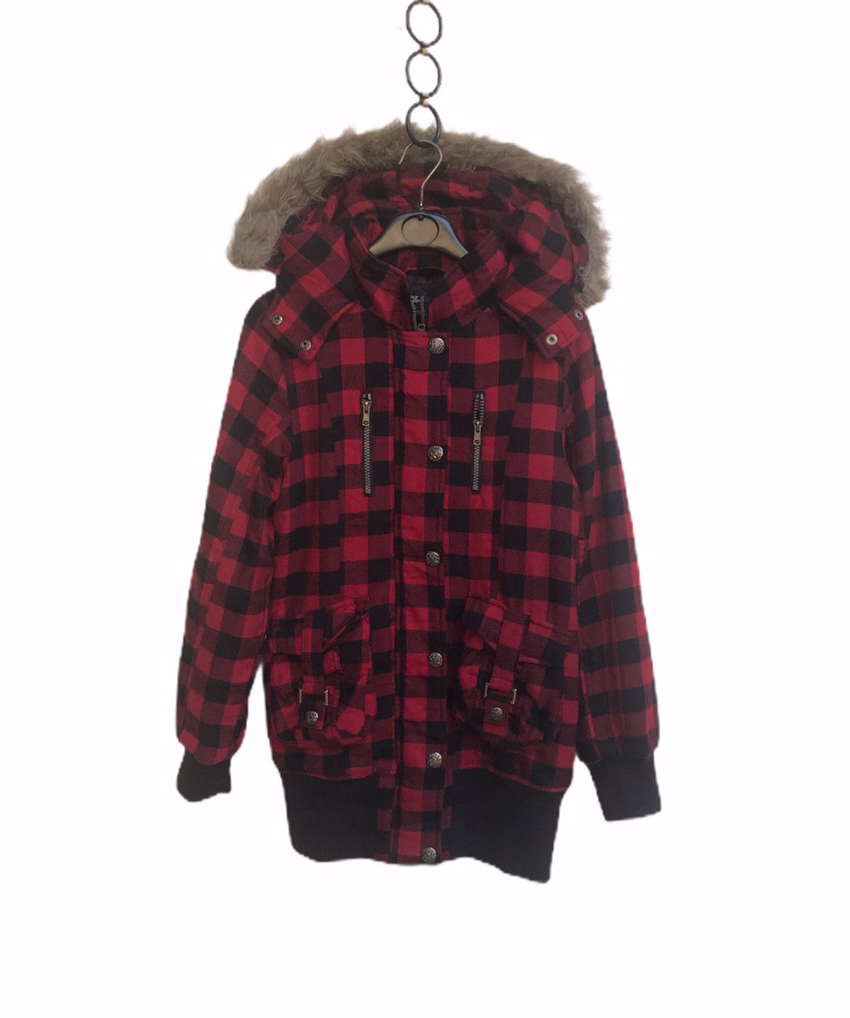 image of Seditionaries x Winter Session Black Sue Winter Long Jacket in Check Red Black, Women's (Size Small