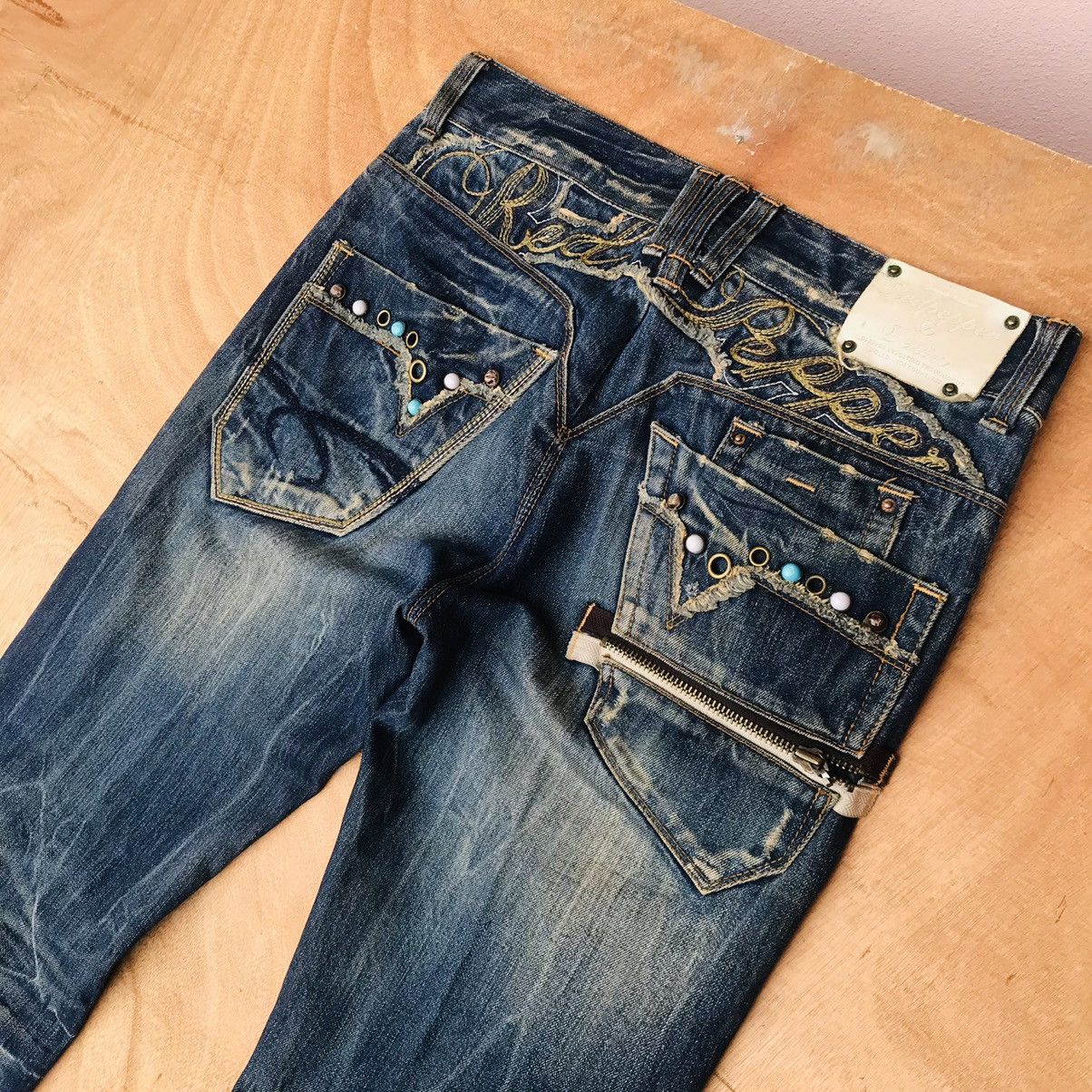 Japanese Brand Vintage (W32x33)Red Pepper Pearl MARBLE Studded Mud-wash Size US 32 / EU 48 - 2 Thumbnail