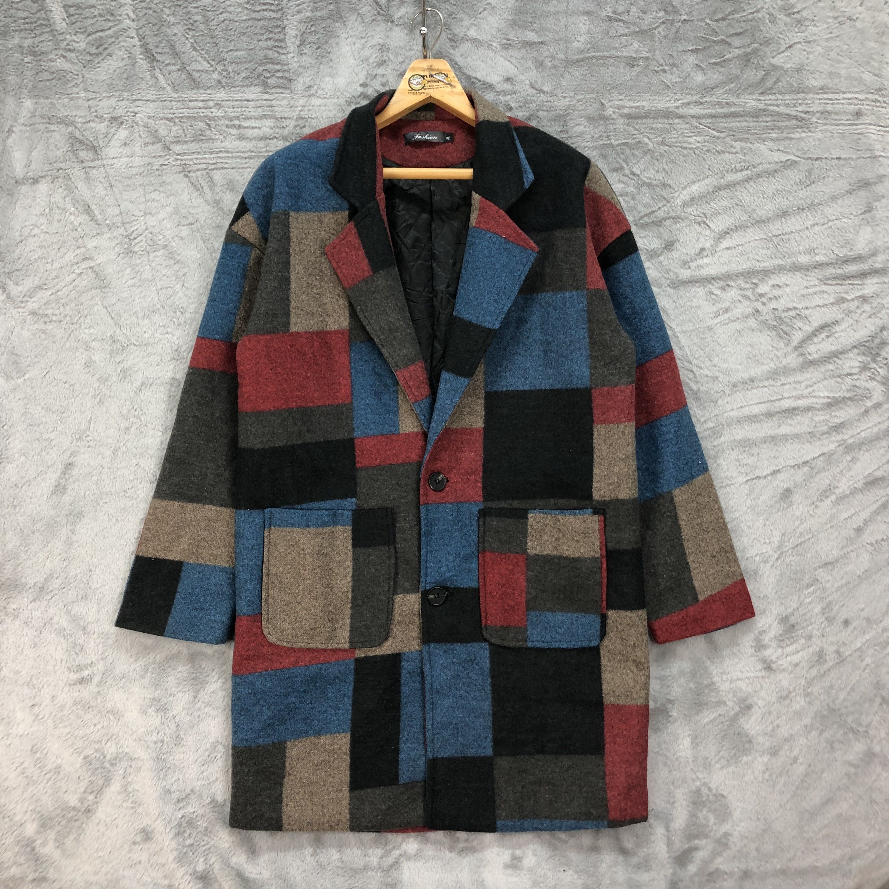 Nice Colourful Patchwork Design Wool Long Coat #4641-161