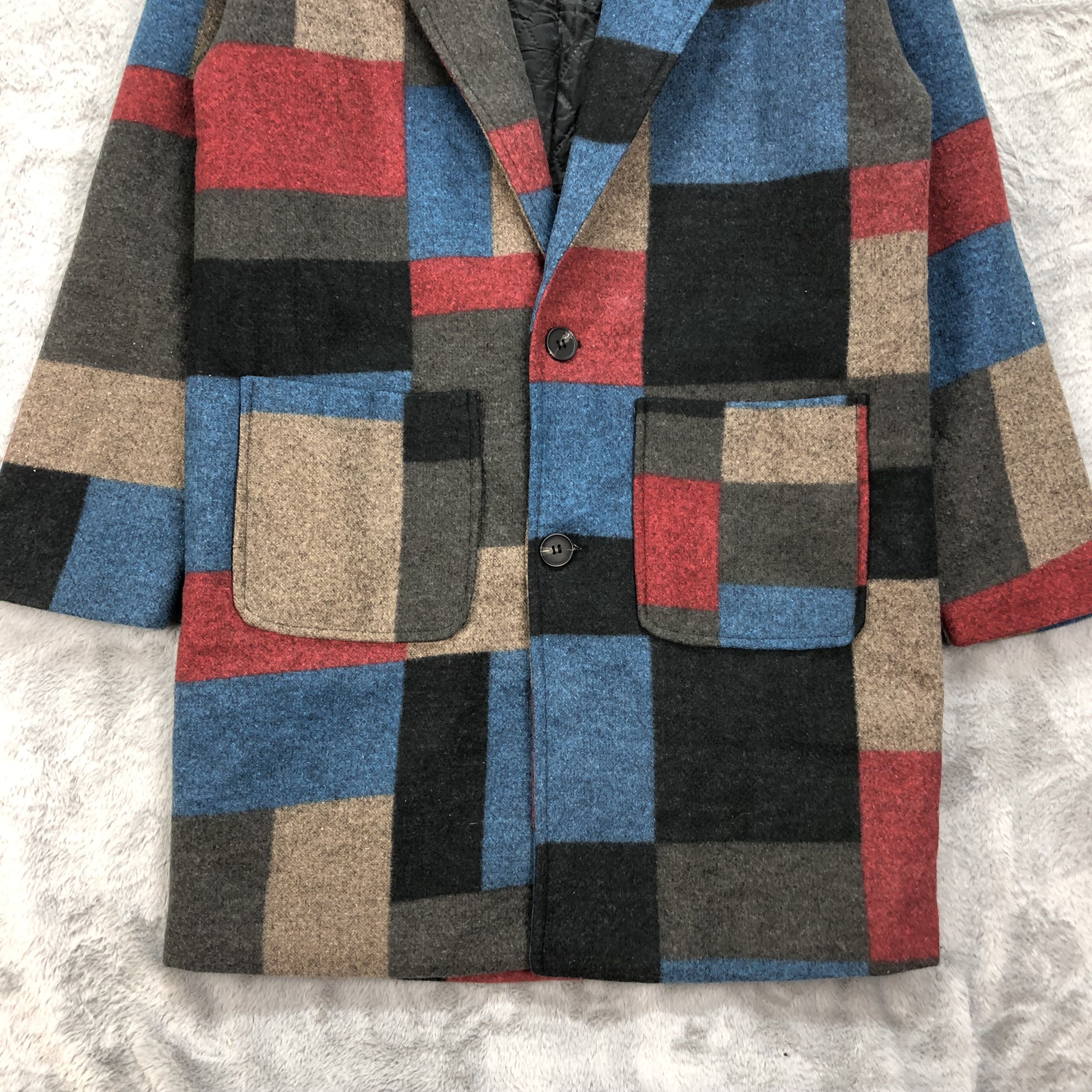 Japanese Brand Nice Colourful Patchwork Design Wool Long Coat #4641-161 Size XL / US 12-14 / IT 48-50 - 3 Thumbnail
