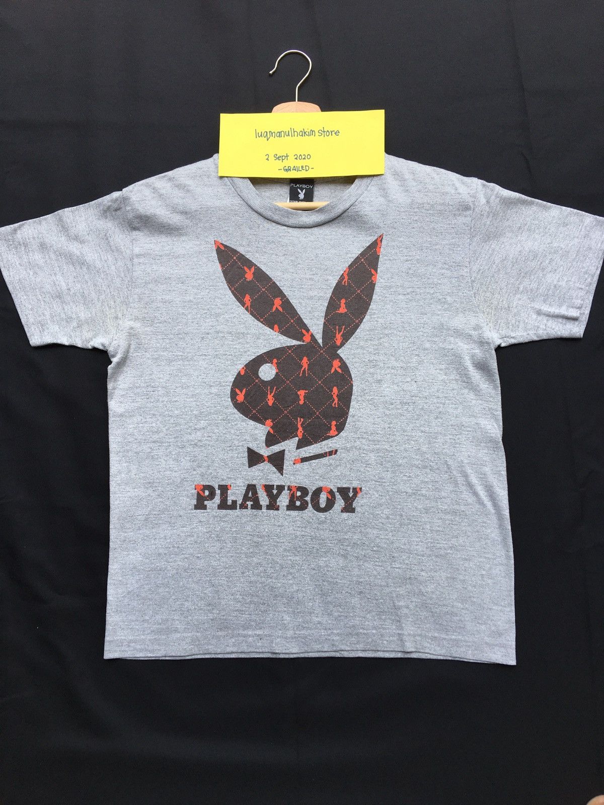 image of Playboy Tshirt Big Bunny Head Spellout Logos in Grey, Men's (Size Medium)