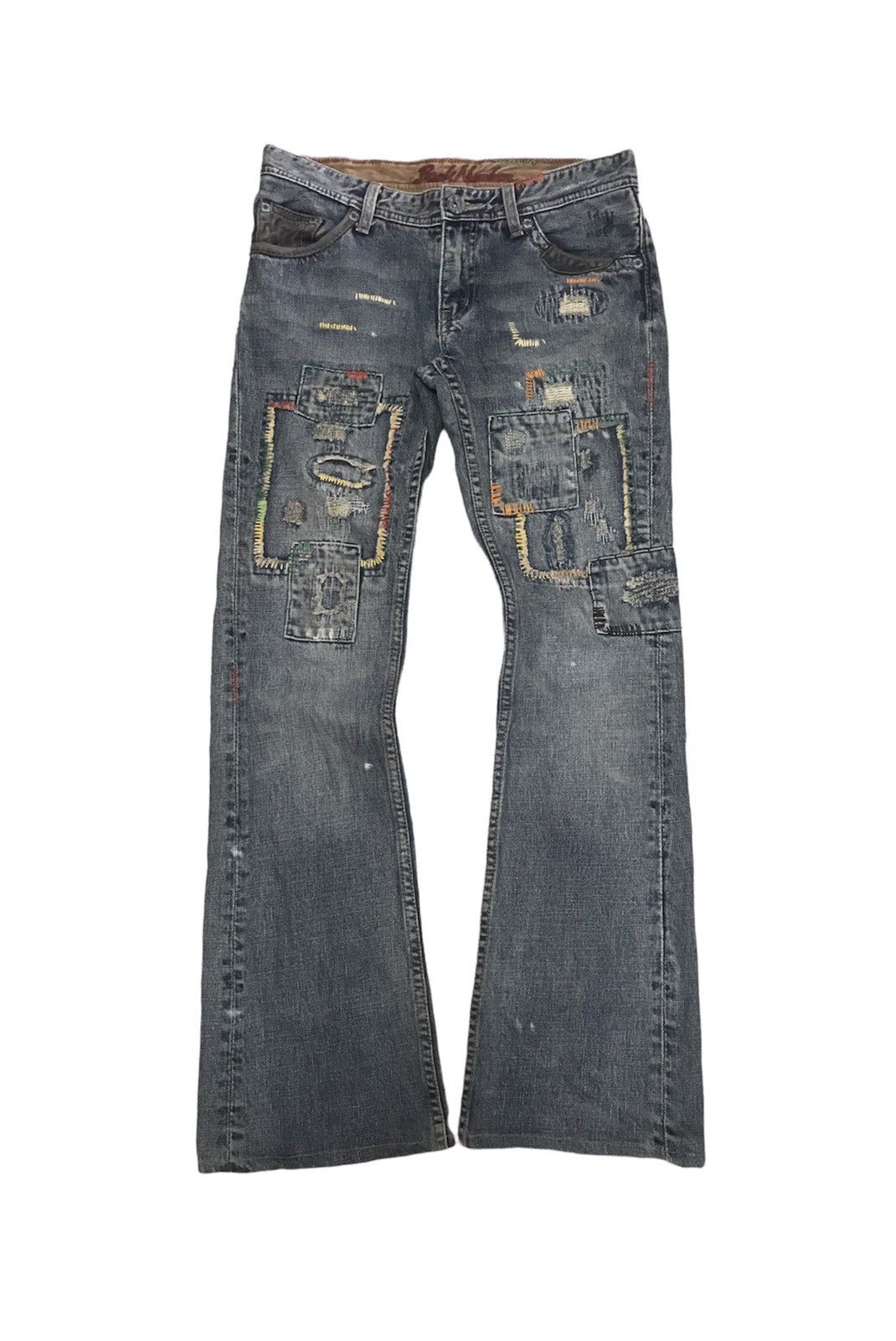 image of Designer Back Number Flare Multi Patches Inspired By Kapital Jeans in Denim, Men's (Size 30)