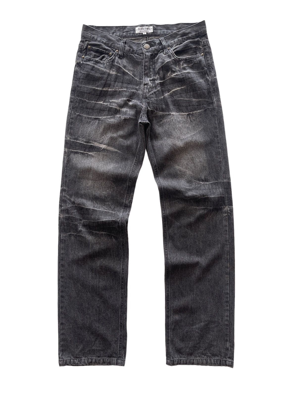 image of Distressed Denim Japanese Lowbox Rusty Black Denim Pants, Men's (Size 32)