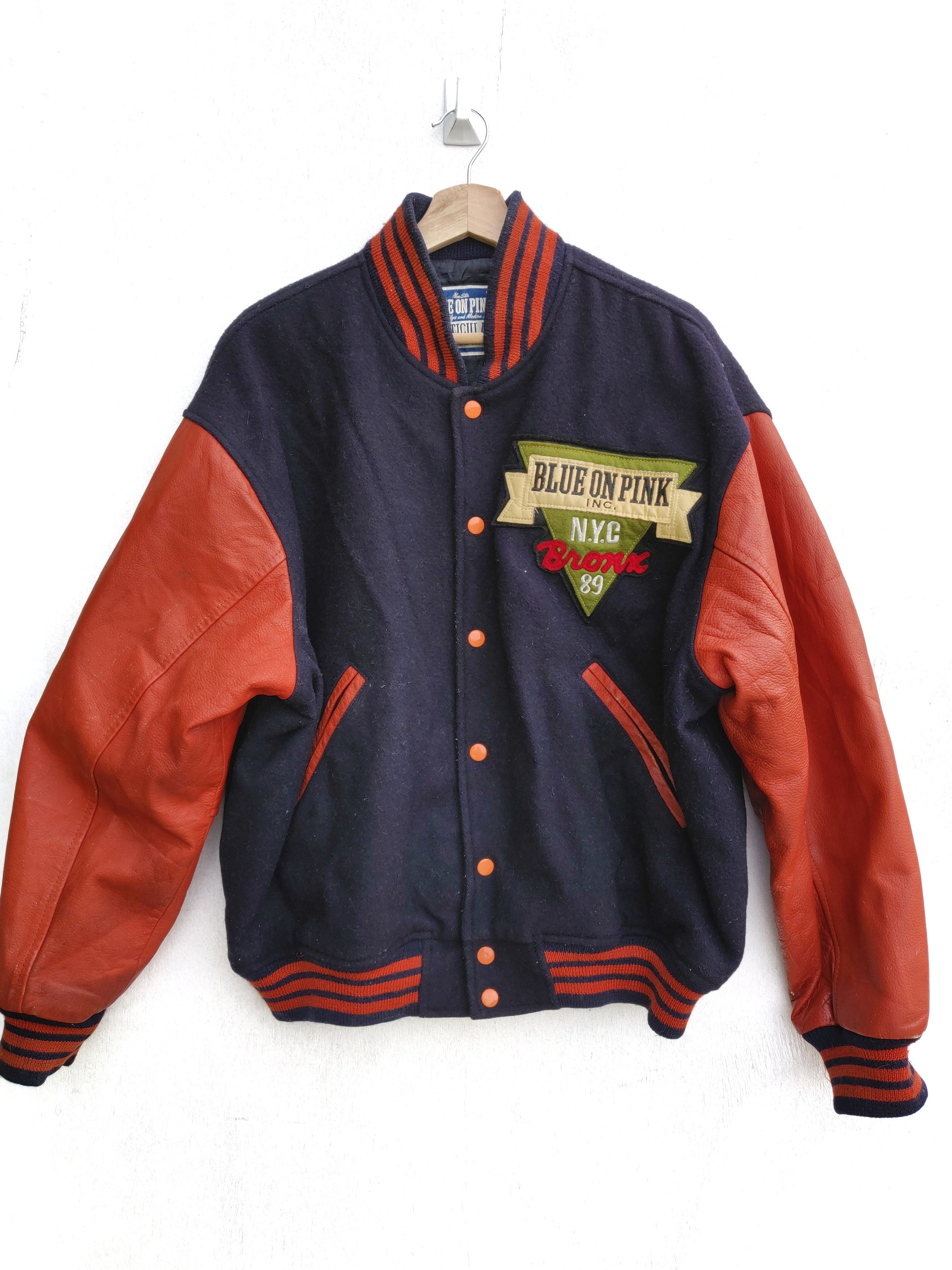 Vintage 🔥Vintage Blue On Pink Leather Varsity Jacket Size US L / EU 52-54 / 3 - 1 Thumbnail