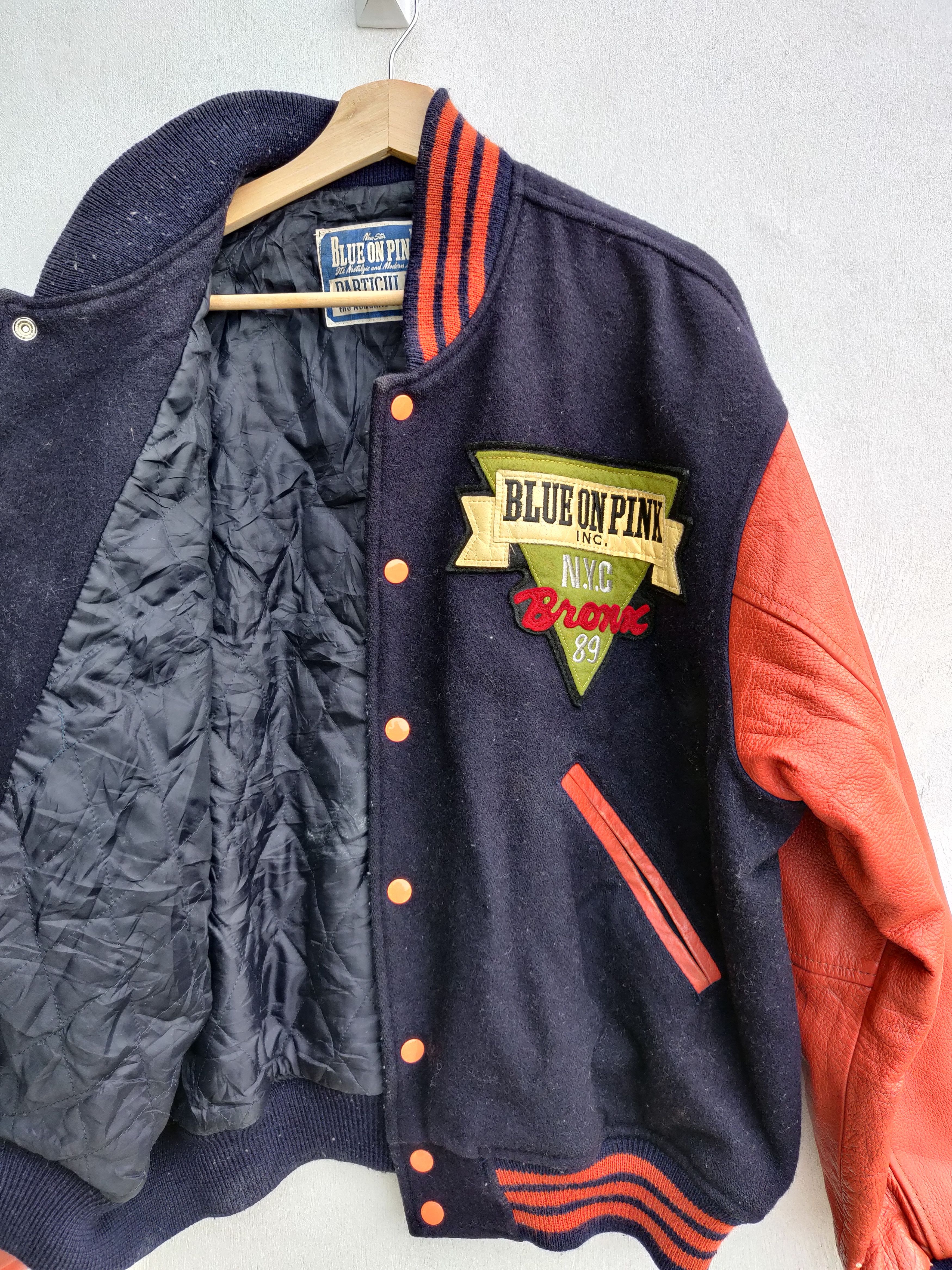 Vintage 🔥Vintage Blue On Pink Leather Varsity Jacket Size US L / EU 52-54 / 3 - 6 Thumbnail
