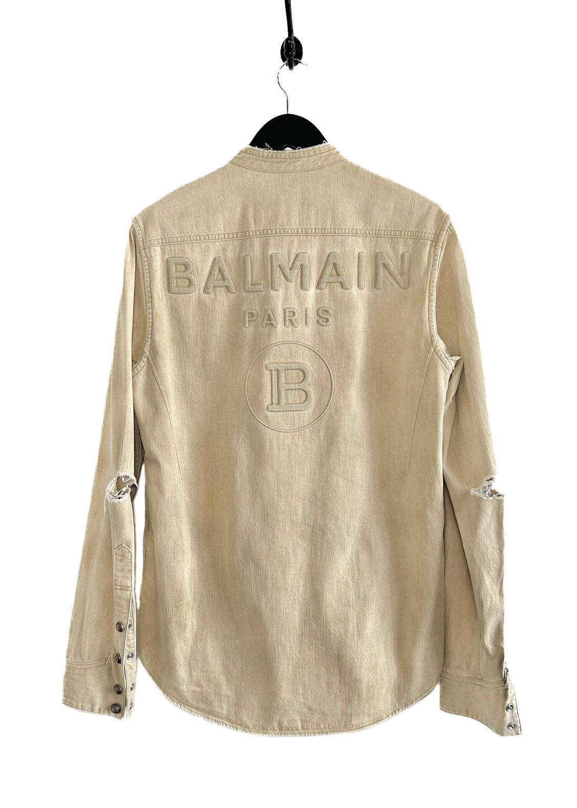 Balmain Beige Distressed Denim Snap Shirt