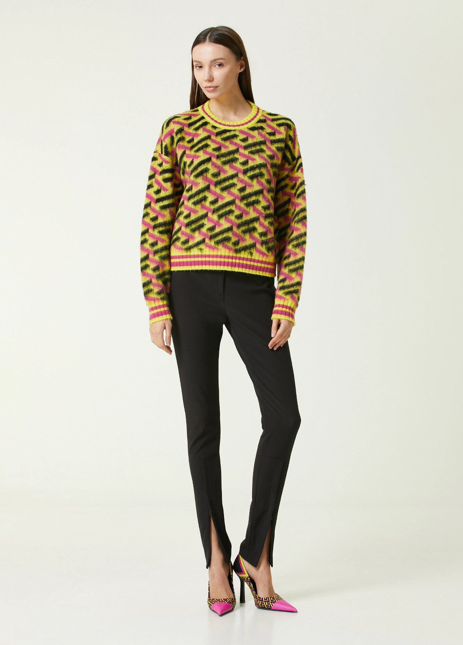 Versace VERSACE La Greca logo yellow pink black wool sweater 40 Size S / US 4 / IT 40 - 2 Thumbnail
