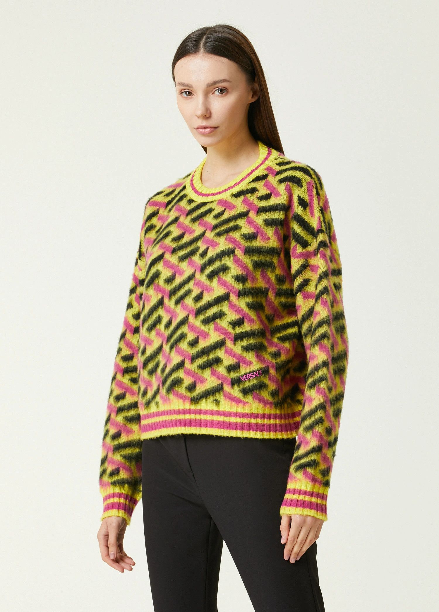 image of Versace La Greca Logo Yellow Pink Black Wool Sweater 40, Women's (Size Small)