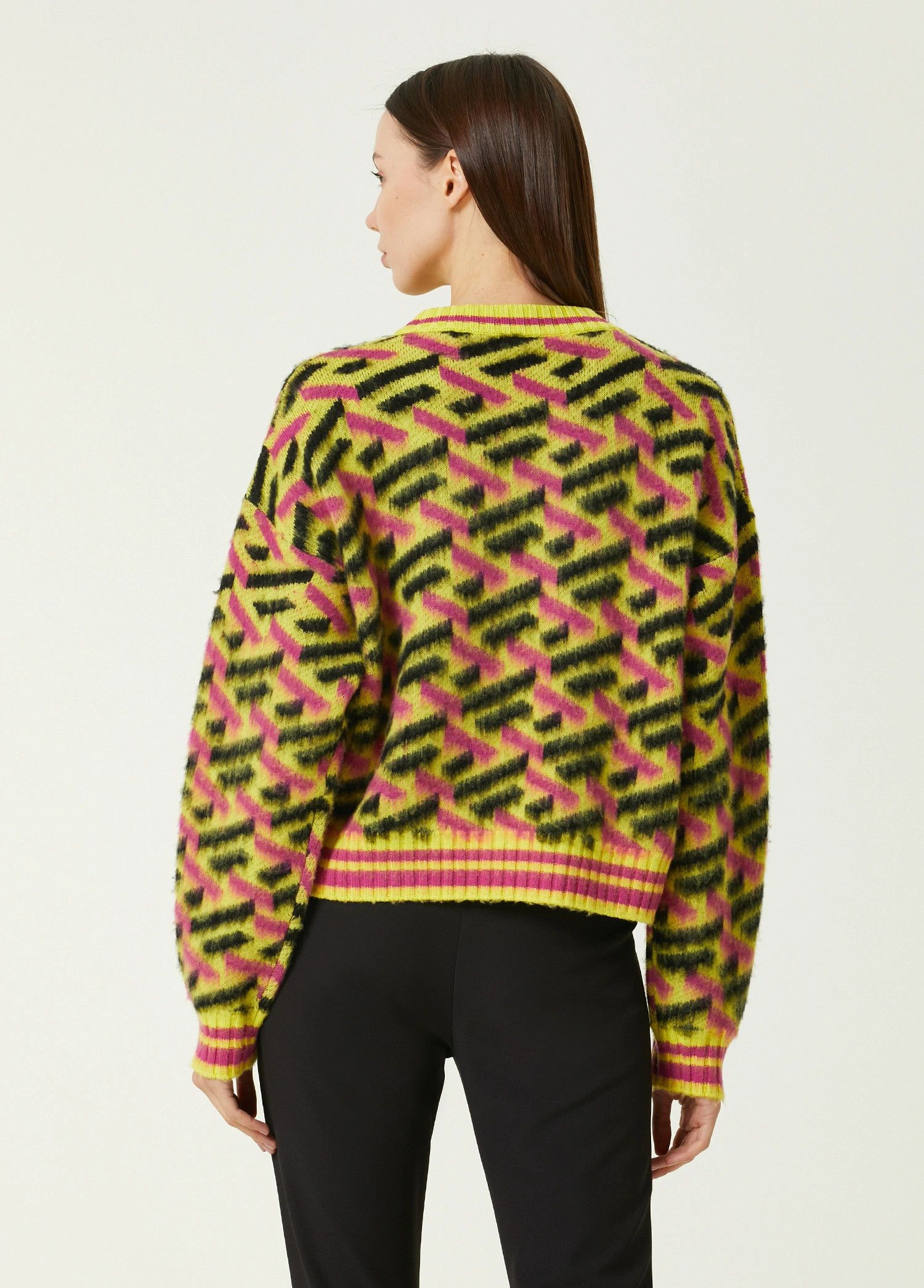 Versace VERSACE La Greca logo yellow pink black wool sweater 40 Size S / US 4 / IT 40 - 4 Thumbnail