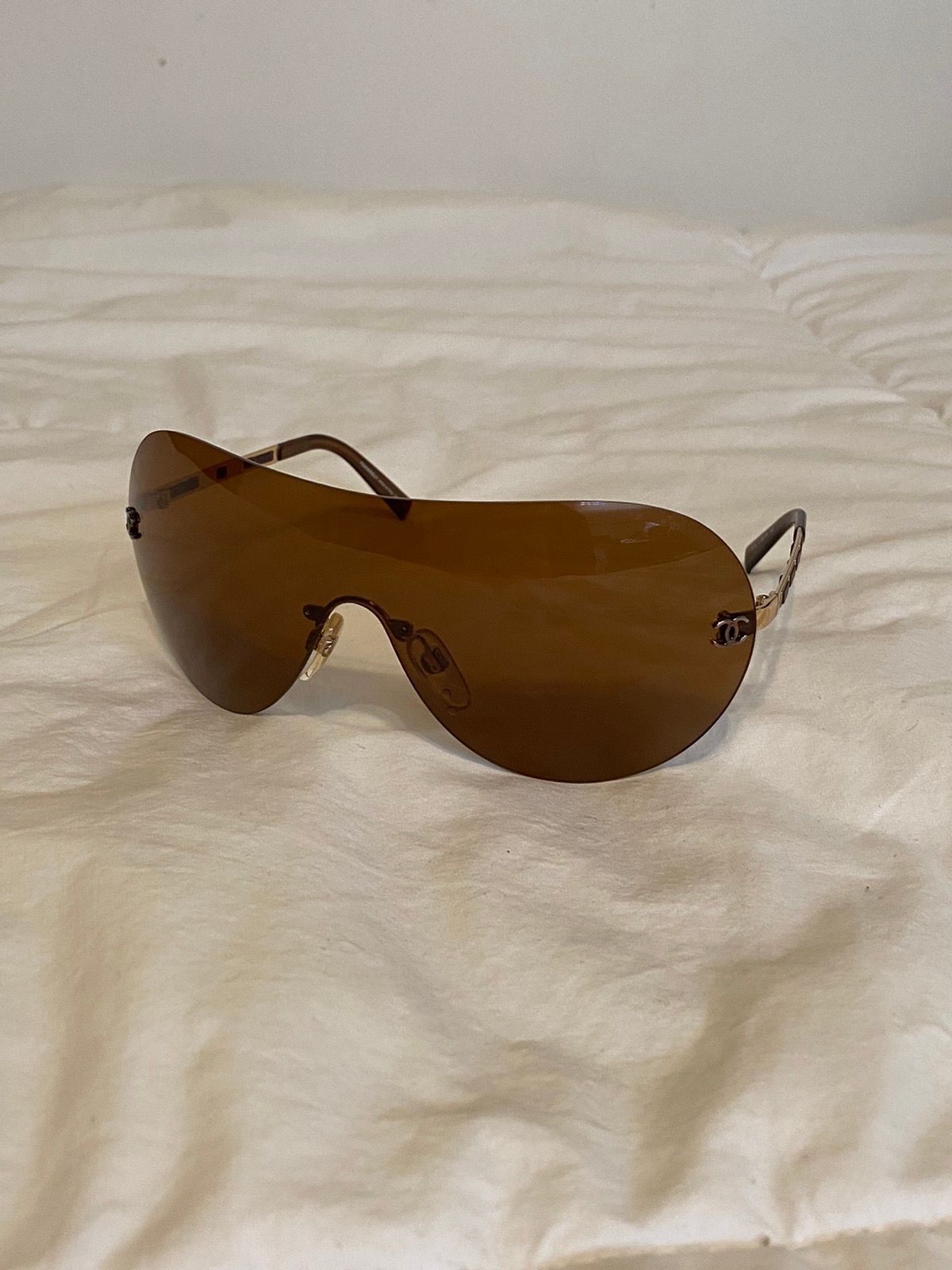 Pre-owned Chanel Shield Aviator Sunglasses With Leather Trim In Brown