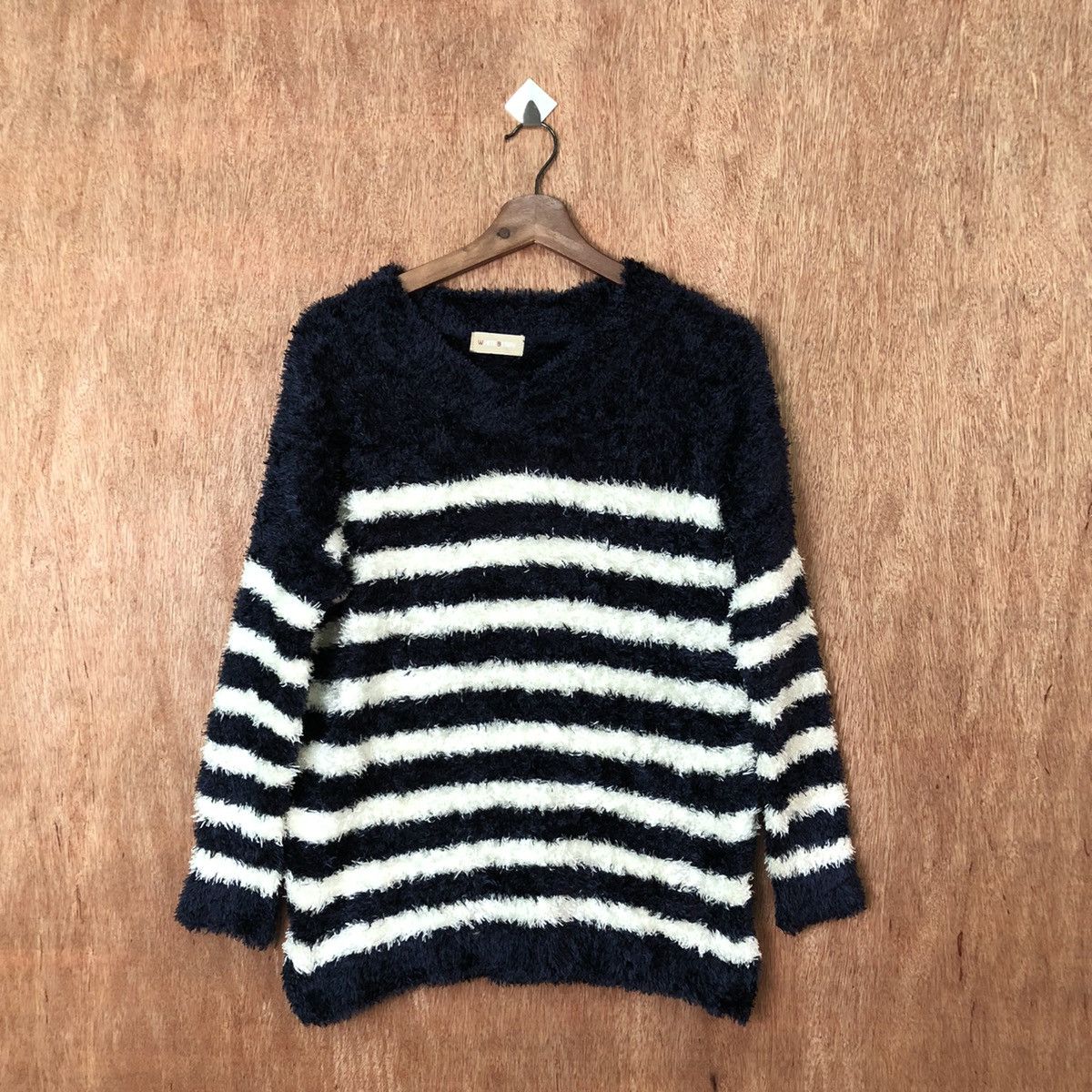 image of Homespun Knitwear x Over The Stripes White Berry Shag Shaggy Fur Mohair Knitwer 6385 in Dark Blue, 