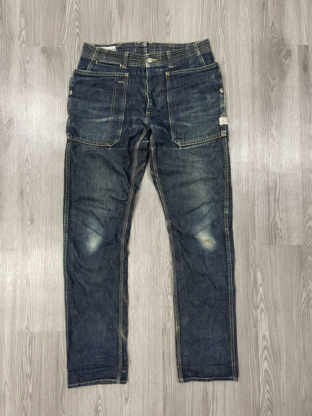 image of Distressed Denim x Sassafras Whole Garden Made Sassafras Japan Utilities Pocket Denim in Indigo (Si