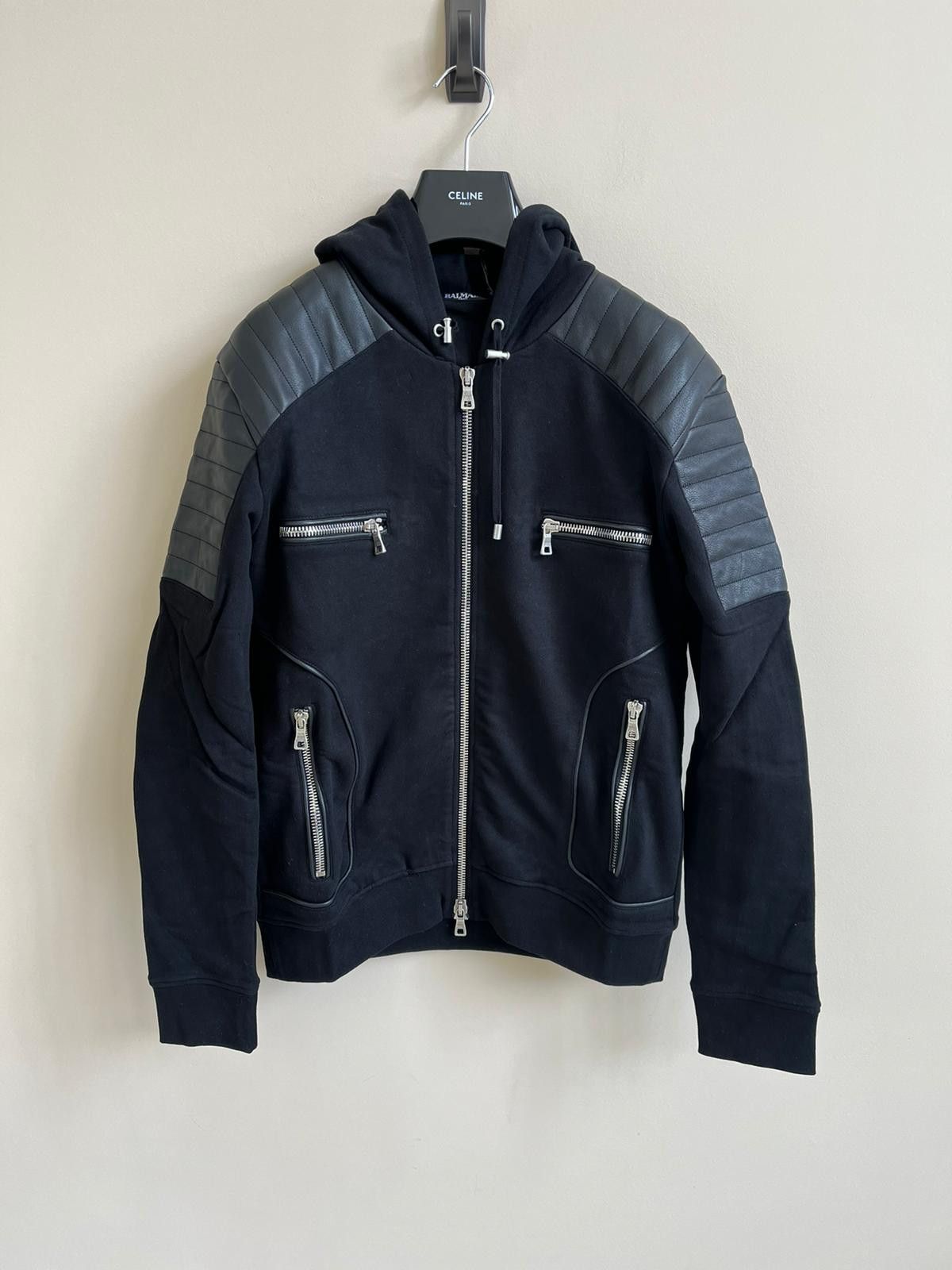 image of Balmain Lamb Leather Zip Up Hoodie In Black Color, Men's (Size Medium)