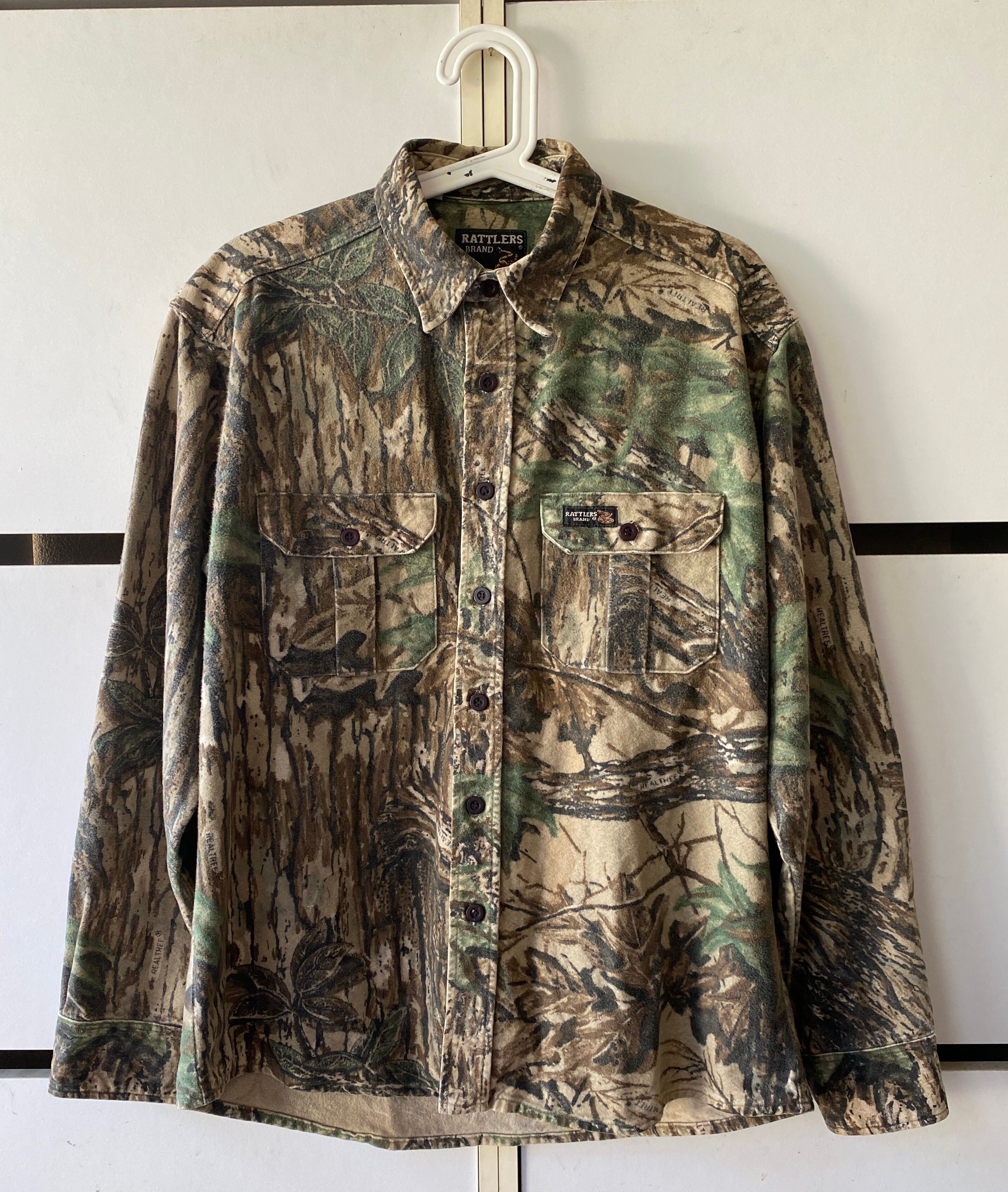 VTG Rattlers Brand Real Tree Made USA Button Hunting Shirt Camo Flannel 