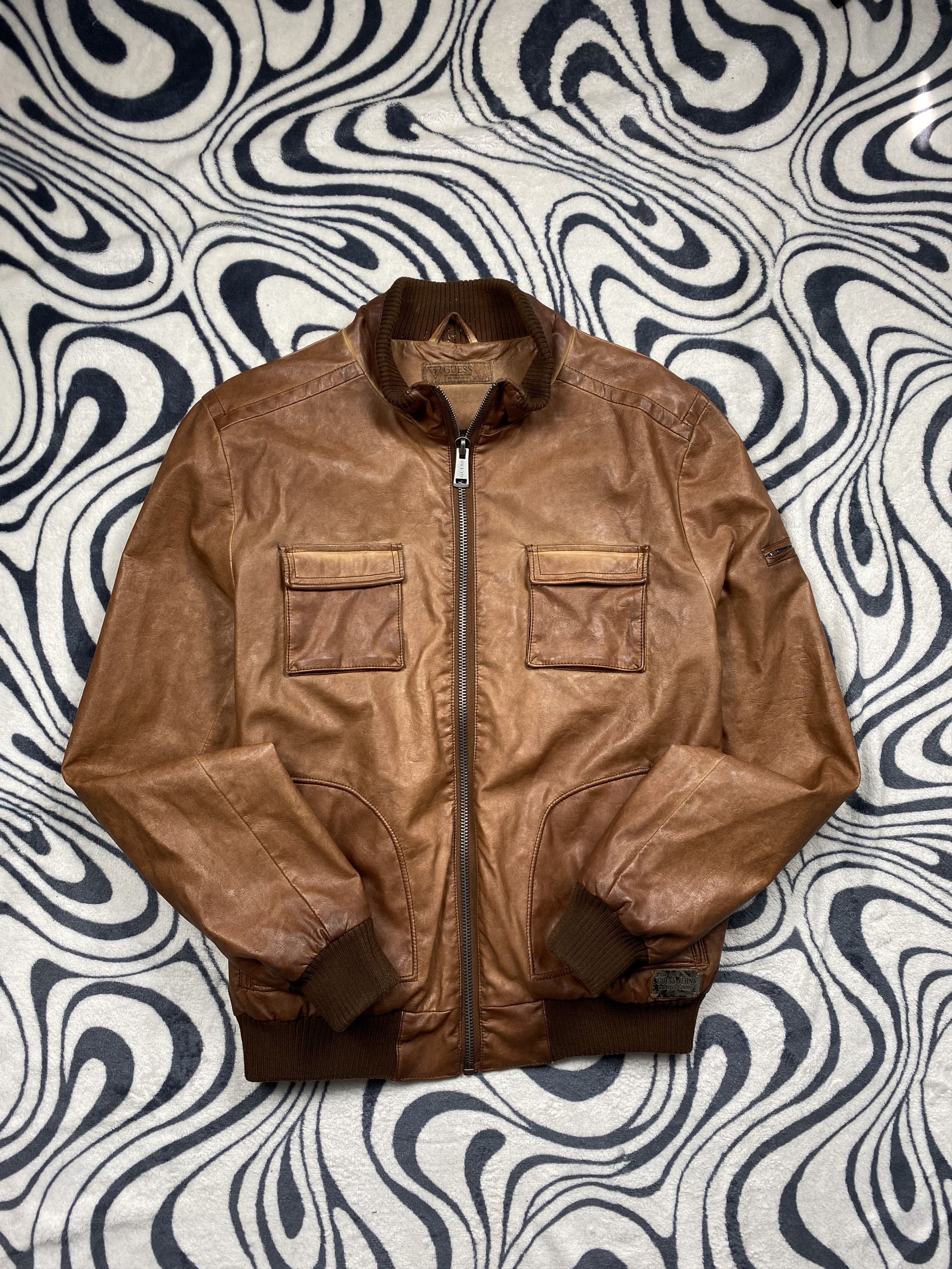 image of Guess Jeans Usa Vintage Mens Leather Jacket in Brown (Size Medium)