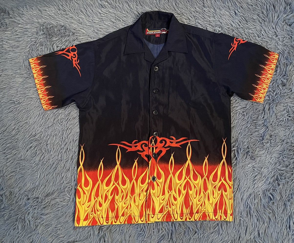 Japanese Brand × Vintage Vintage Y2K flame print crazy avant garde shirt Size US S / EU 44-46 / 1 - 1 Thumbnail