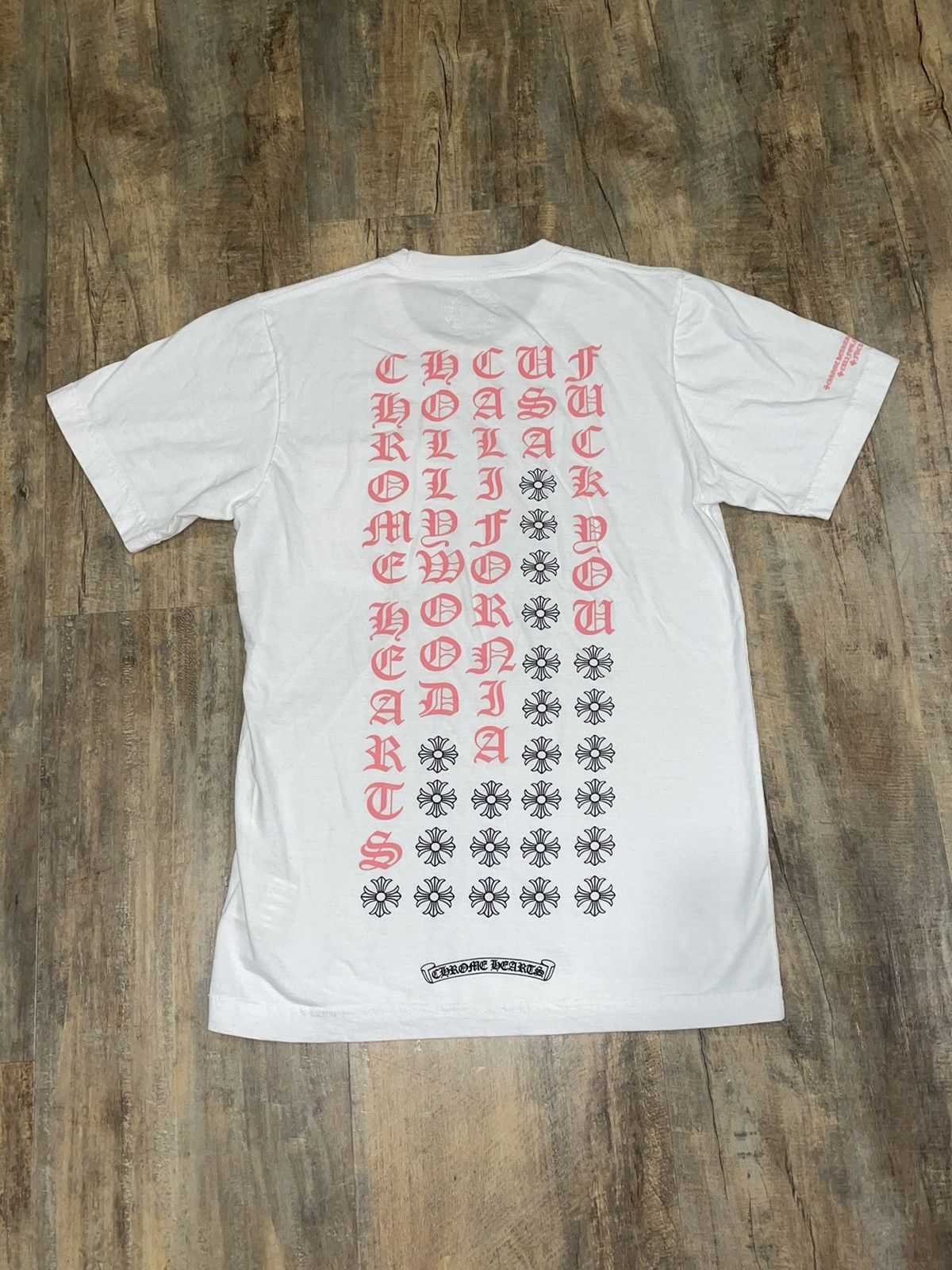 image of Chrome Hearts Hollywood Fuck You Pink Logo White Pocket Tee in White/Pink, Men's (Size XS)