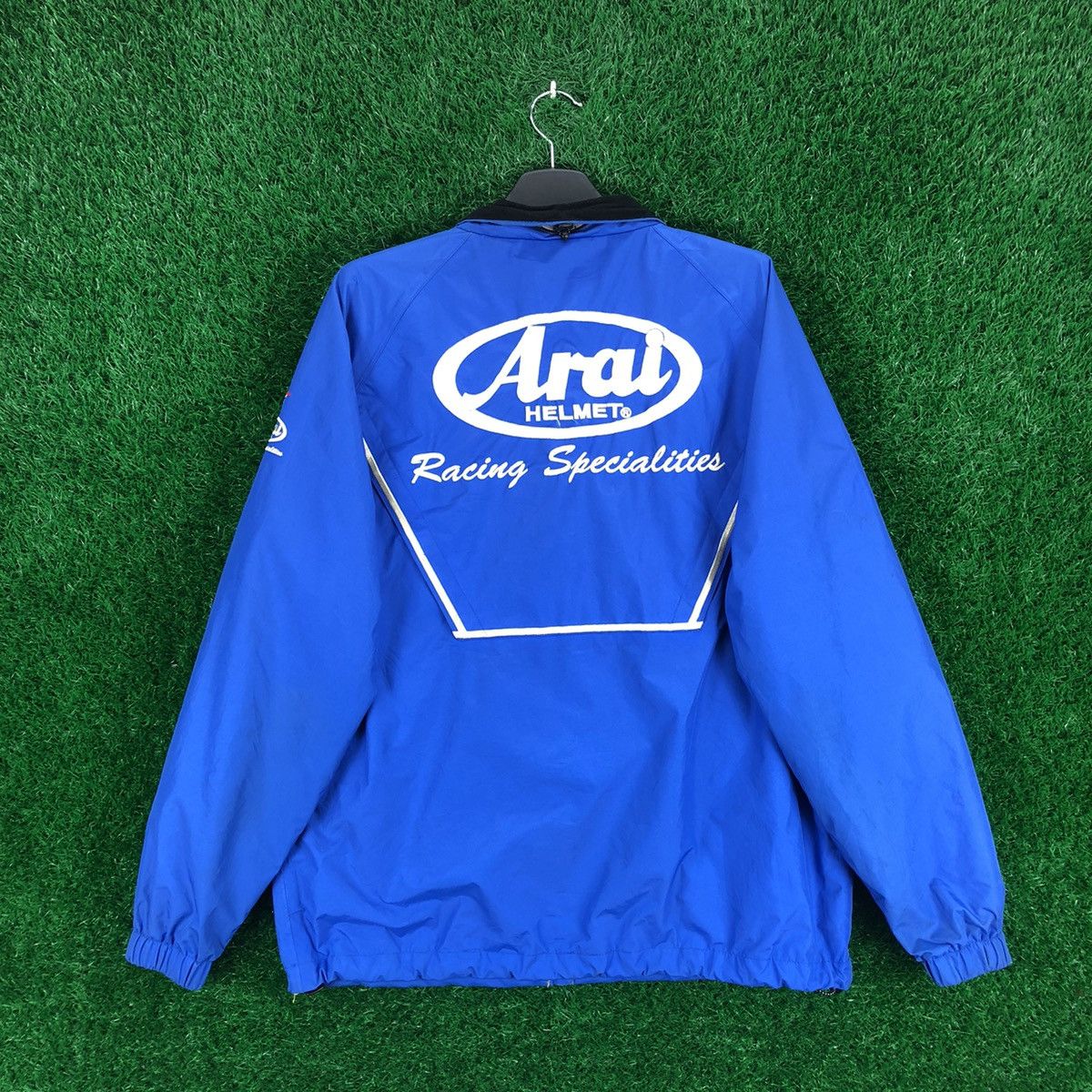image of Racing x Sports Specialties Vintage Arai Helmet Big Logo Embroidered Zipper Jacket in Blue (Size XL