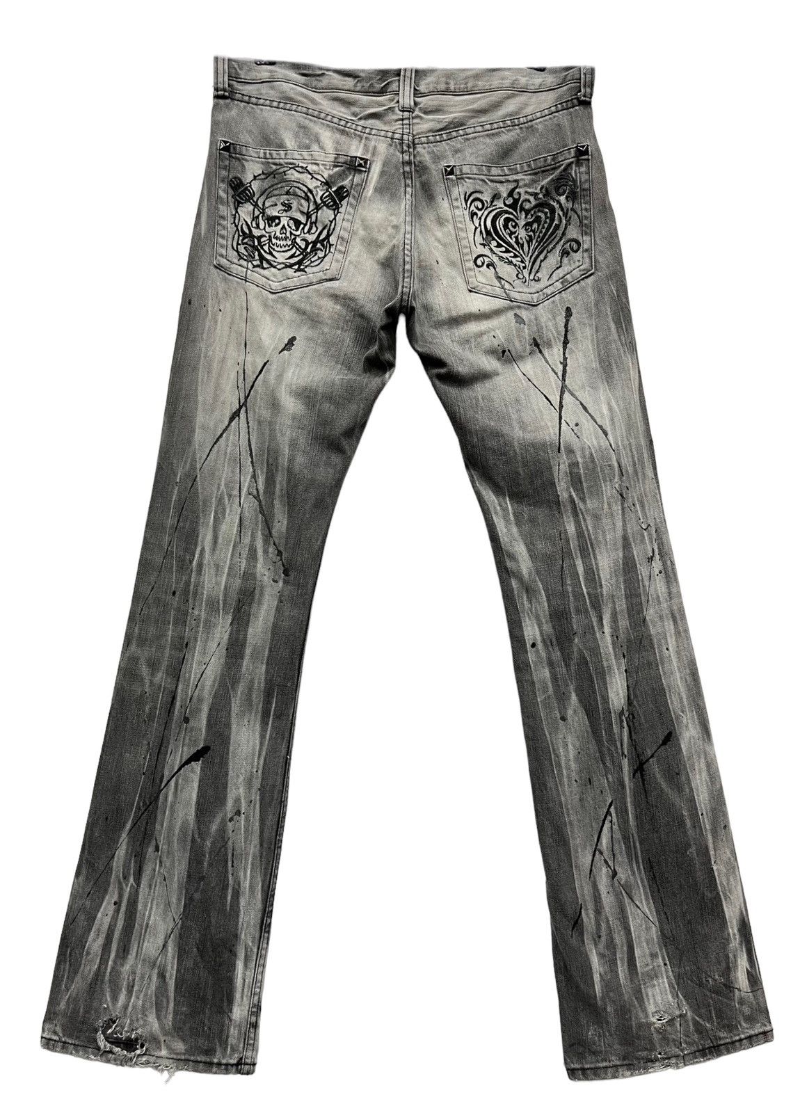 Japanese Brand Acid Wash Splash Punk Skull Heart Tribal Embroidered FLARE💥 Size US 30 / EU 46 - 2 Thumbnail