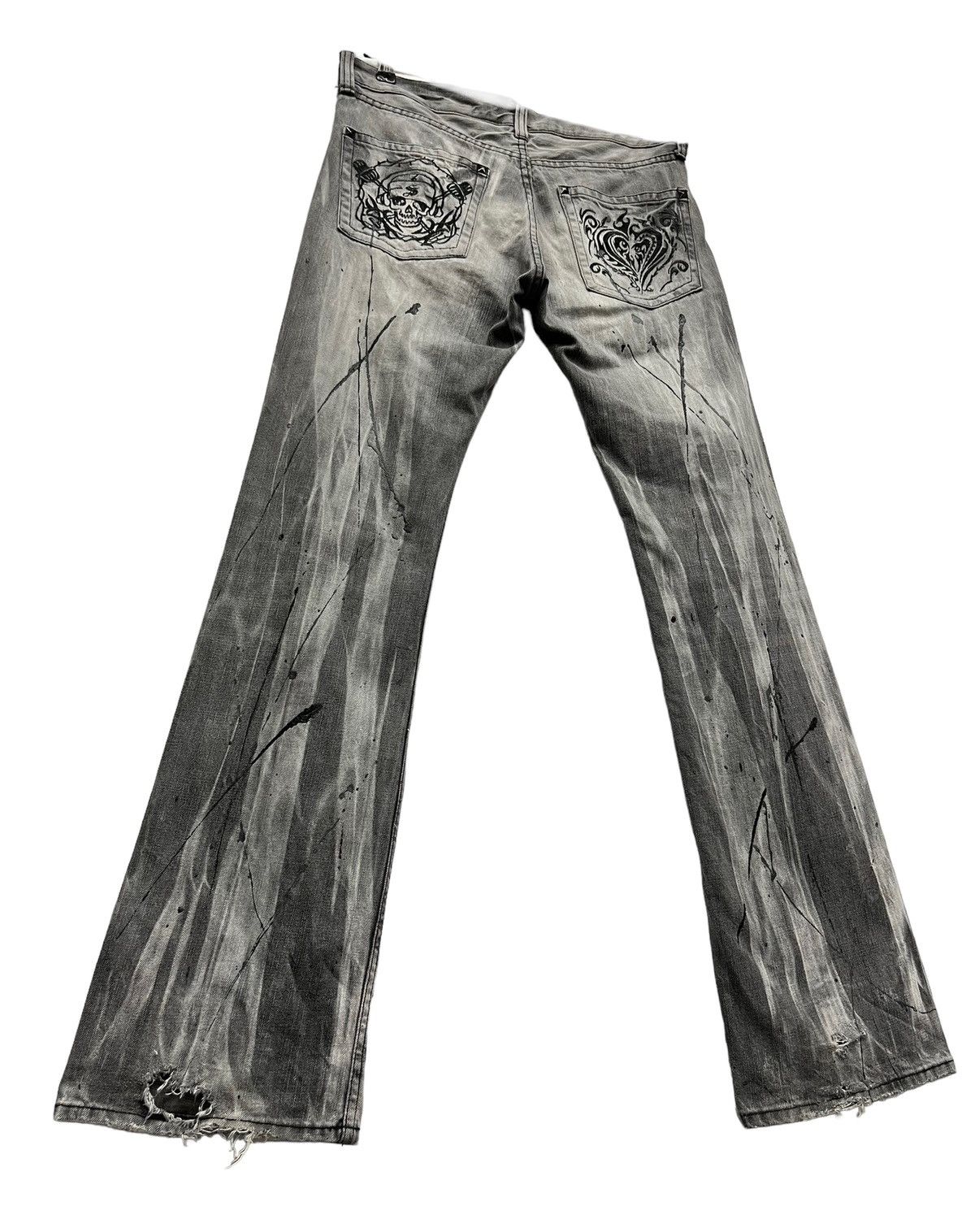 Japanese Brand Acid Wash Splash Punk Skull Heart Tribal Embroidered FLARE💥 Size US 30 / EU 46 - 7 Thumbnail