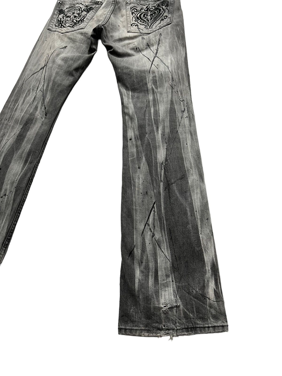 Japanese Brand Acid Wash Splash Punk Skull Heart Tribal Embroidered FLARE💥 Size US 30 / EU 46 - 12 Thumbnail