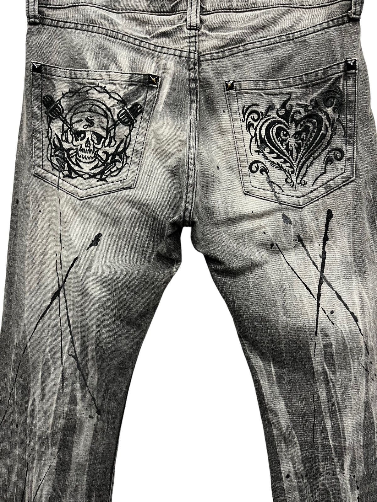 Japanese Brand Acid Wash Splash Punk Skull Heart Tribal Embroidered FLARE💥 Size US 30 / EU 46 - 11 Thumbnail