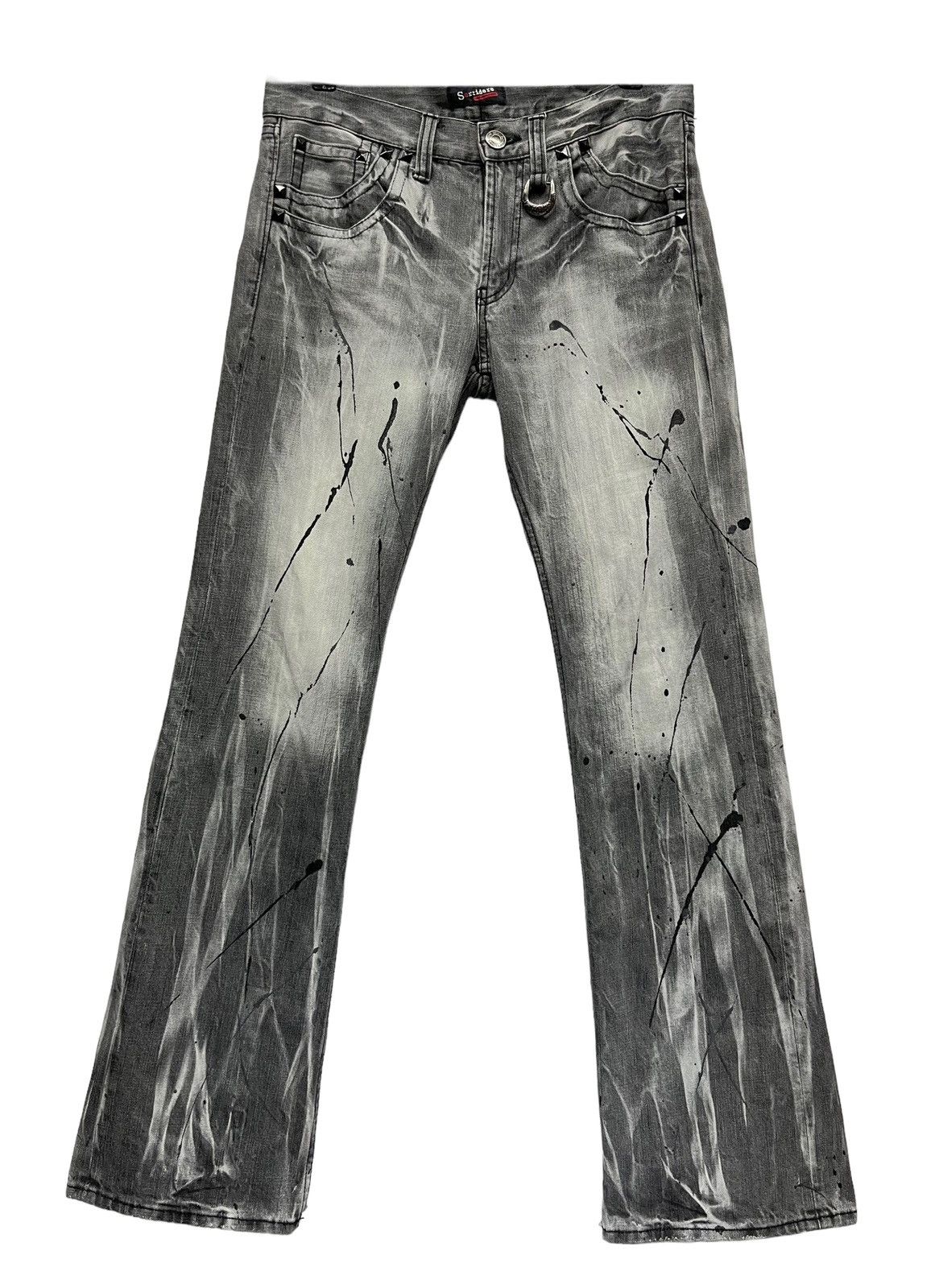 Japanese Brand Acid Wash Splash Punk Skull Heart Tribal Embroidered FLARE💥 Size US 30 / EU 46 - 3 Thumbnail