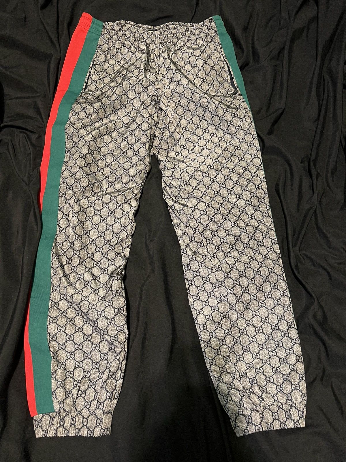 Gucci Logo Stripe Retro Blue Nylon Track Pants