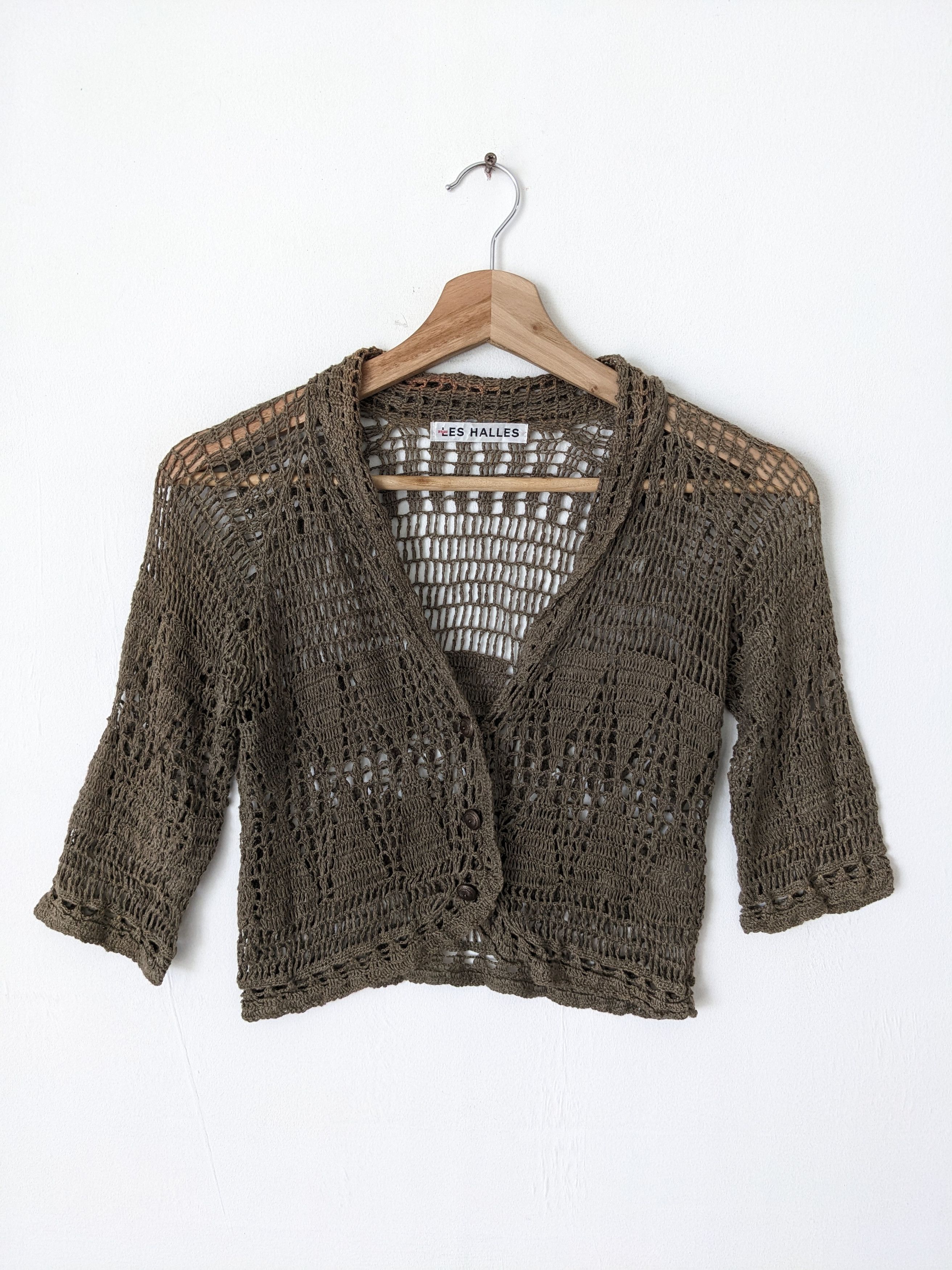 image of Avant Garde Vintage Les Halles Fishnet Cardigan in Olive Green, Women's (Size 2XS)