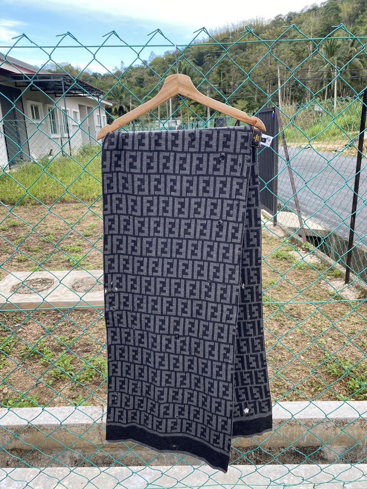 Fendi ⚡️Steals⚡️ Distressed FENDI Monogram Grey Wool Scarf Size ONE SIZE - 2 Thumbnail