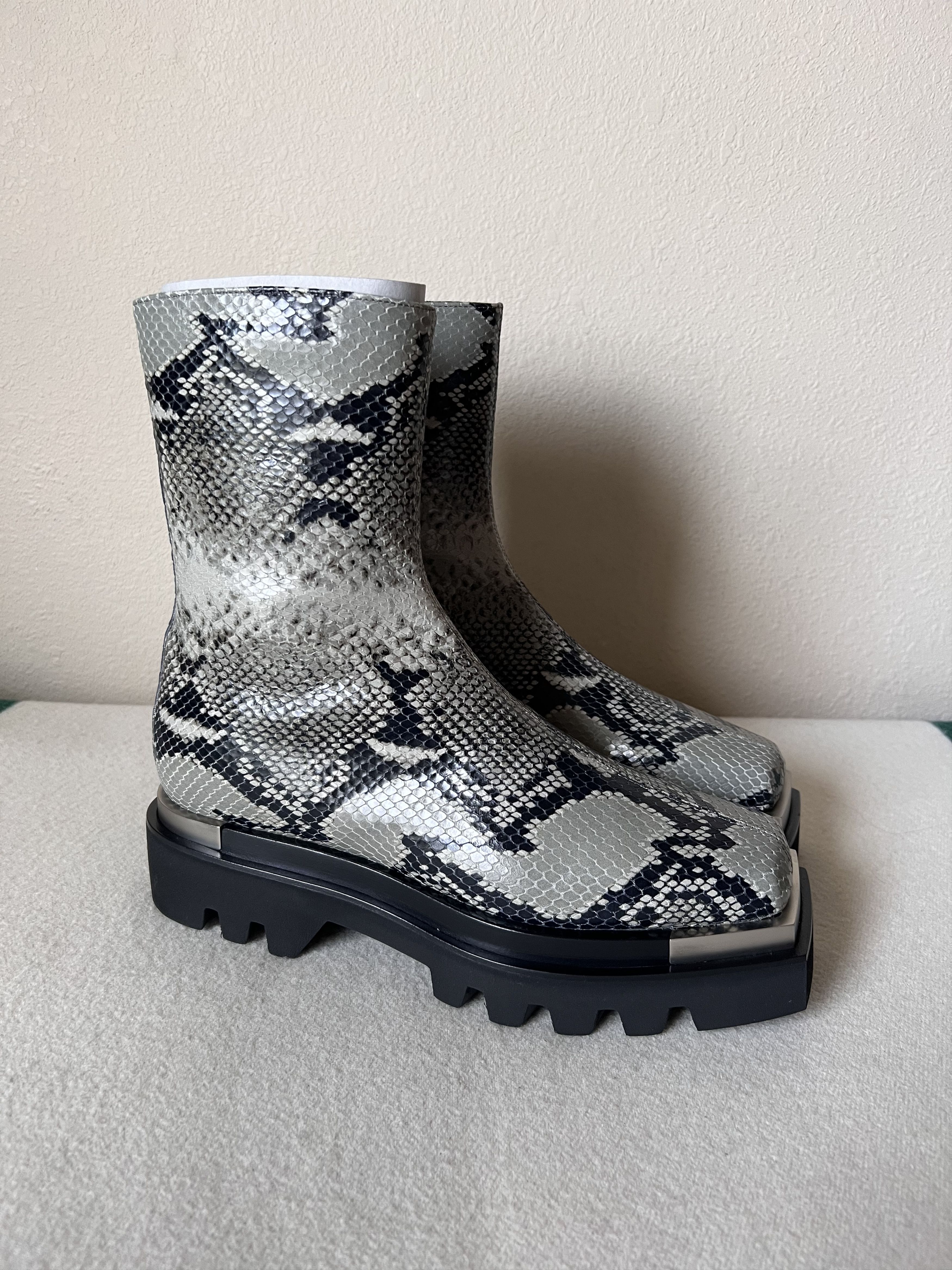 image of Peter Do Combat Boot With Metal Tips In Grey Python in Snakeskin, Men's (Size 8)
