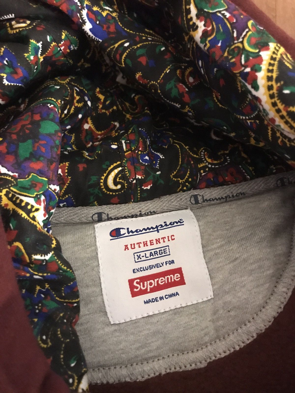 Champion × Supreme Burgundy Paisley Hoodie Size US XL / EU 56 / 4 - 5 Thumbnail