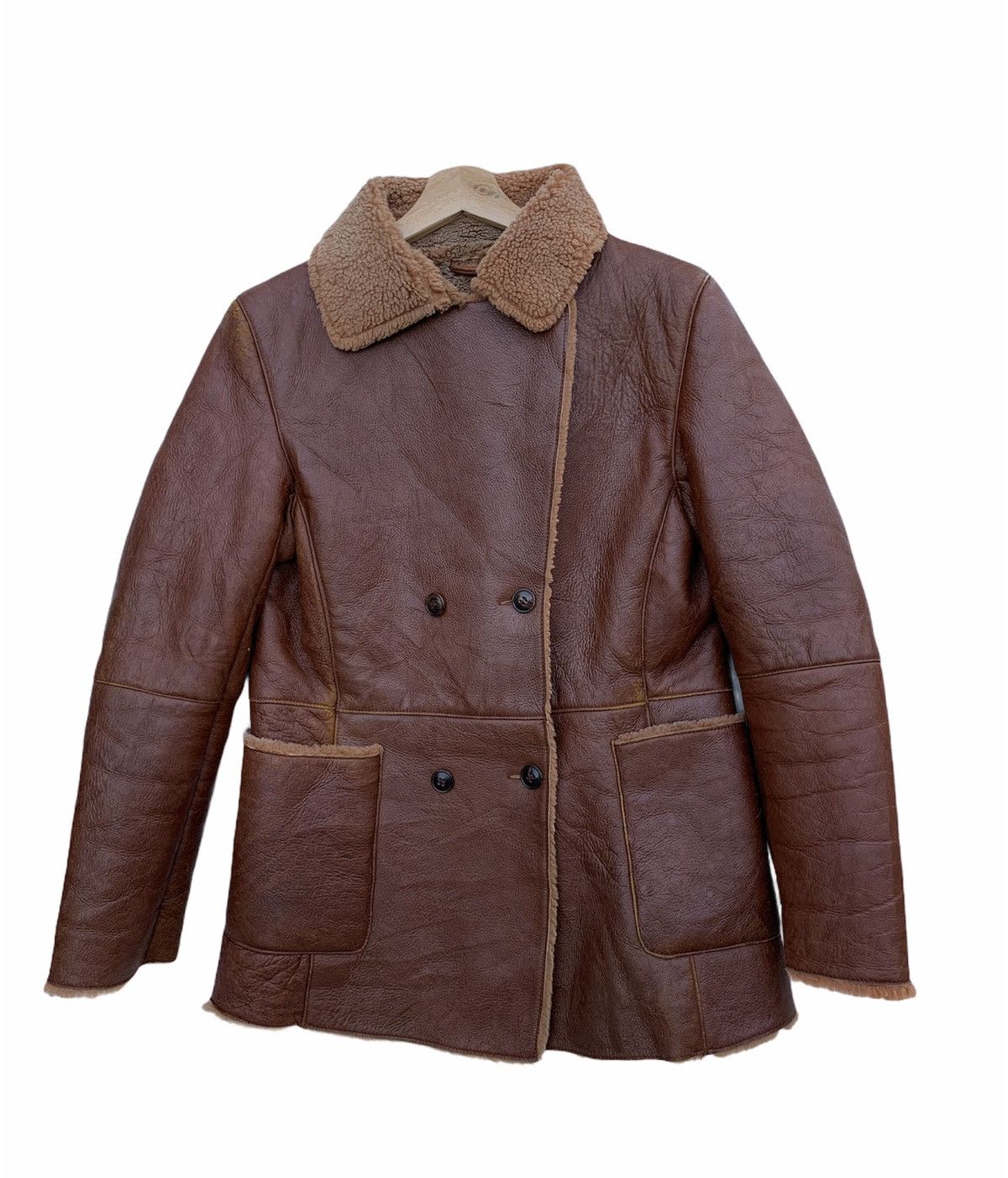 image of Leather Jacket Vintage Petit Fance Leather Sherpa Jacket in Brown, Men's (Size Medium)