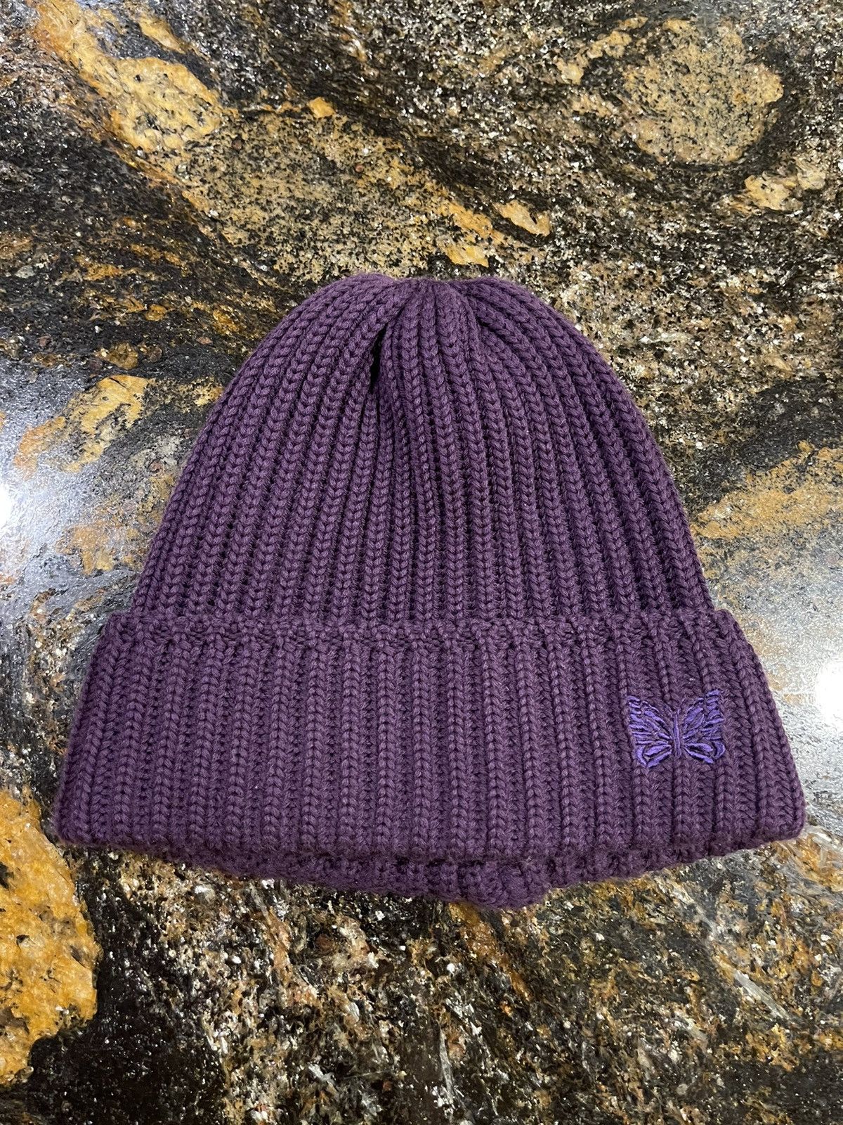 image of Needles Wool Knitted Purple Butterfly Logo Beanie Hat, Men's