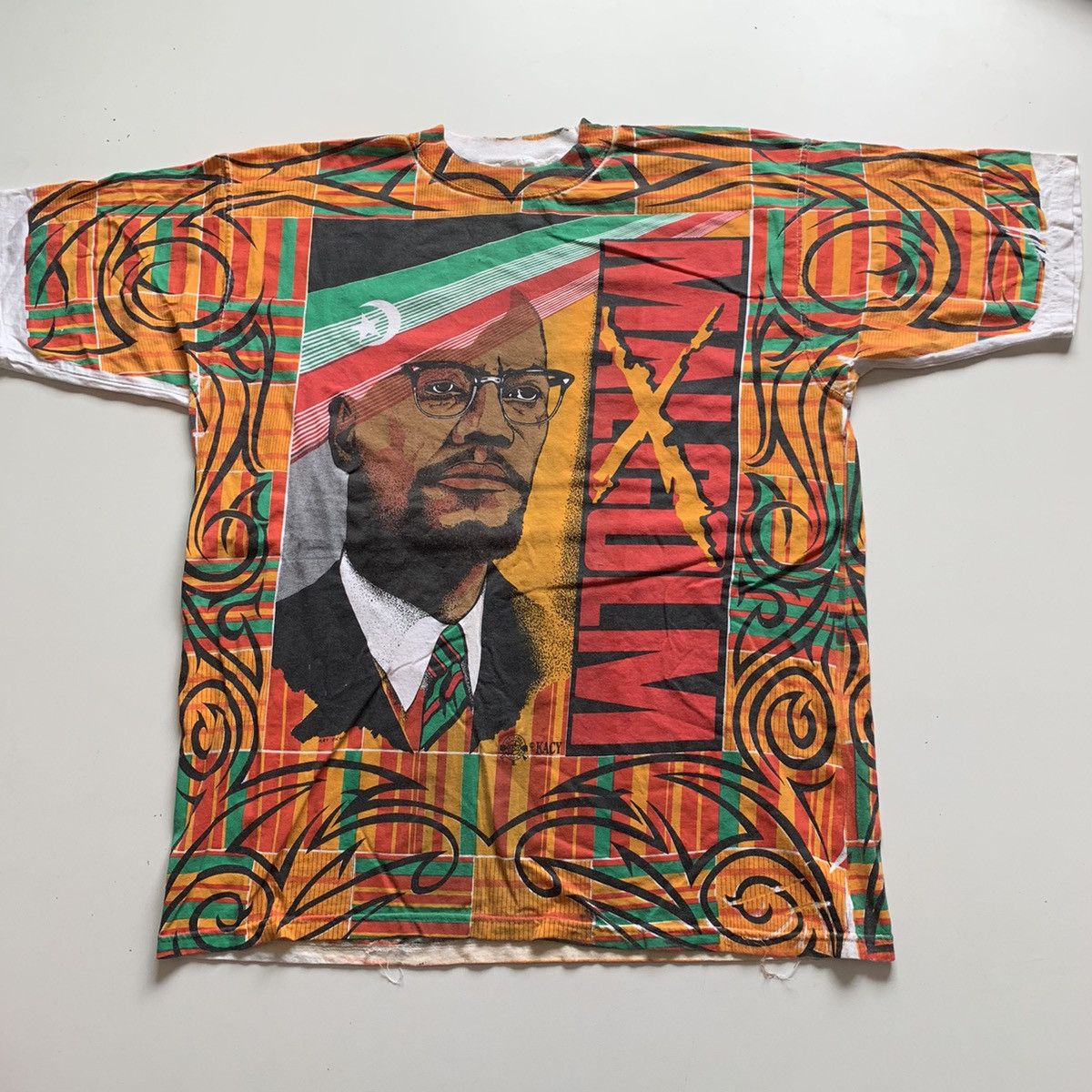 image of Vintage 90's Malcolm X All Overprint Graphic Art T-Shirt, Men's (Size 2XL)