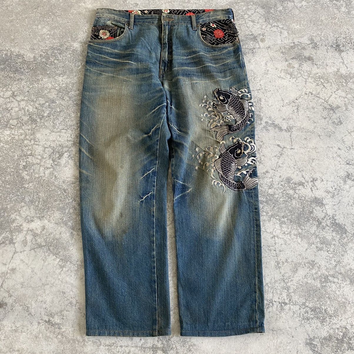 Designer Karakuri Tamashii Style Dominate Embroidered Koi Fish Jeans Size US 37 - 3 Thumbnail