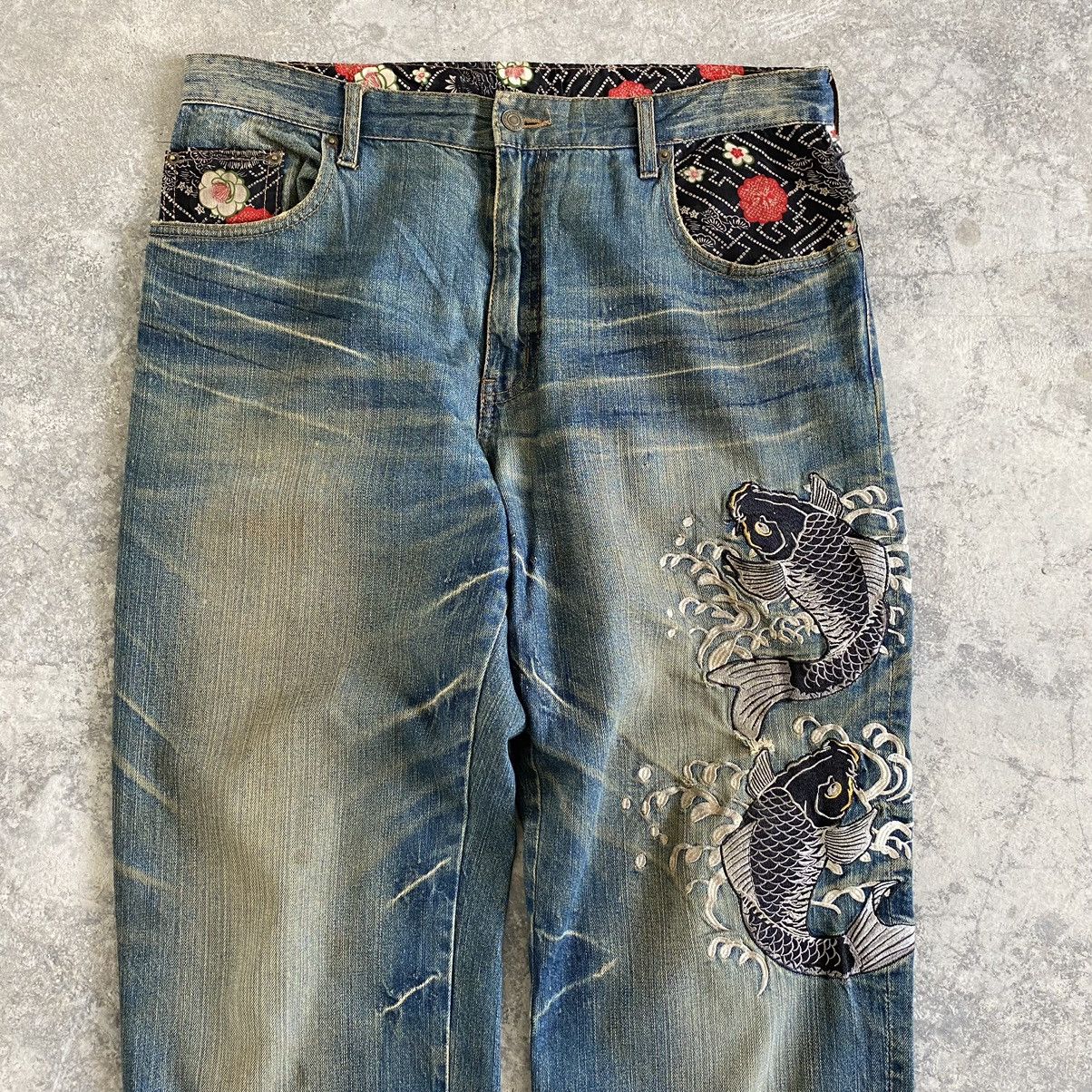 Designer Karakuri Tamashii Style Dominate Embroidered Koi Fish Jeans Size US 37 - 4 Thumbnail
