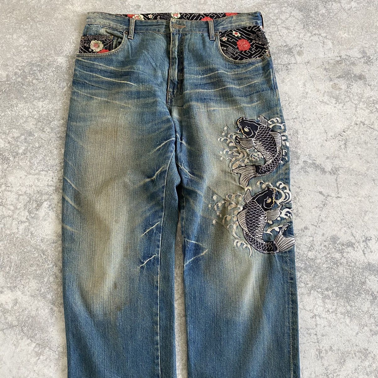 Designer Karakuri Tamashii Style Dominate Embroidered Koi Fish Jeans Size US 37 - 2 Thumbnail