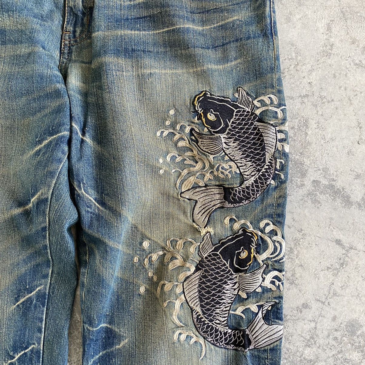 Designer Karakuri Tamashii Style Dominate Embroidered Koi Fish Jeans Size US 37 - 5 Thumbnail