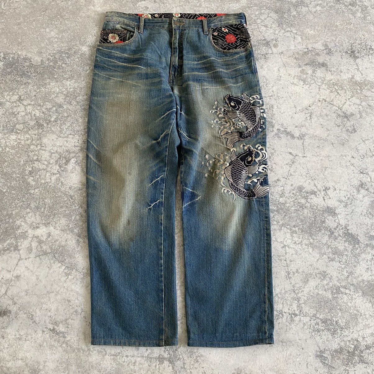 Designer Karakuri Tamashii Style Dominate Embroidered Koi Fish Jeans Size US 37 - 1 Thumbnail