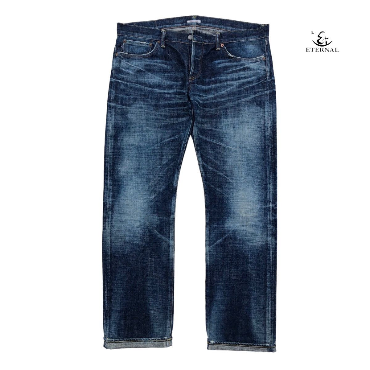 image of Japanese Indigo Blue Eternal Distressed Denim Pants in Blue Denim, Men's (Size 36)