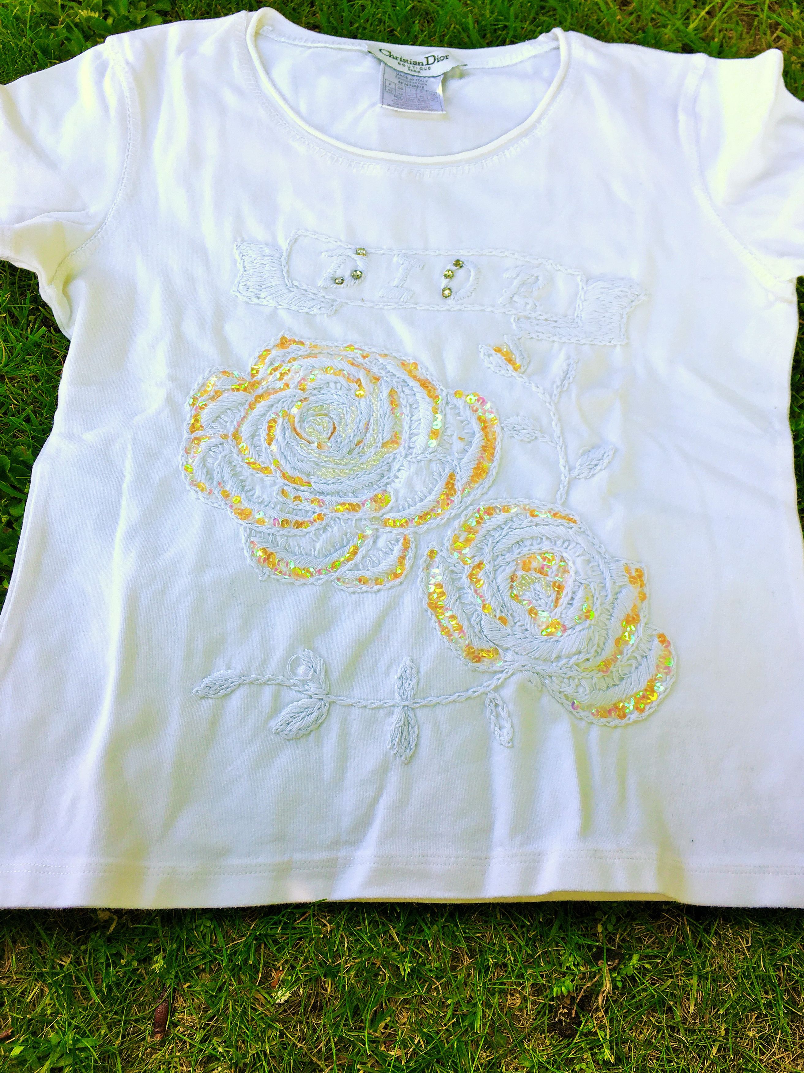 Dior Christian Dior Rose Floral Glitter Embroidered T-shirt Top Size S / US 4 / IT 40 - 1 Thumbnail