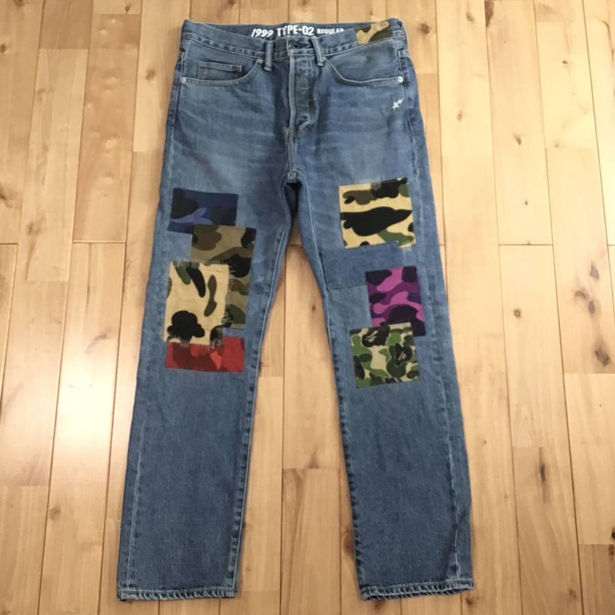 Pre-owned Bape Mix Camo Patchwork Damaged Denim Pants Ape ★slze M In Indigo