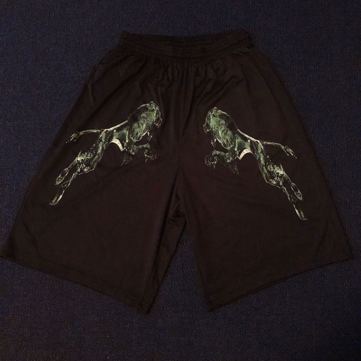 Image of Bladee Drain Gang Dg The Fool Black Green Lion Shorts Small, Men's (Size 28)