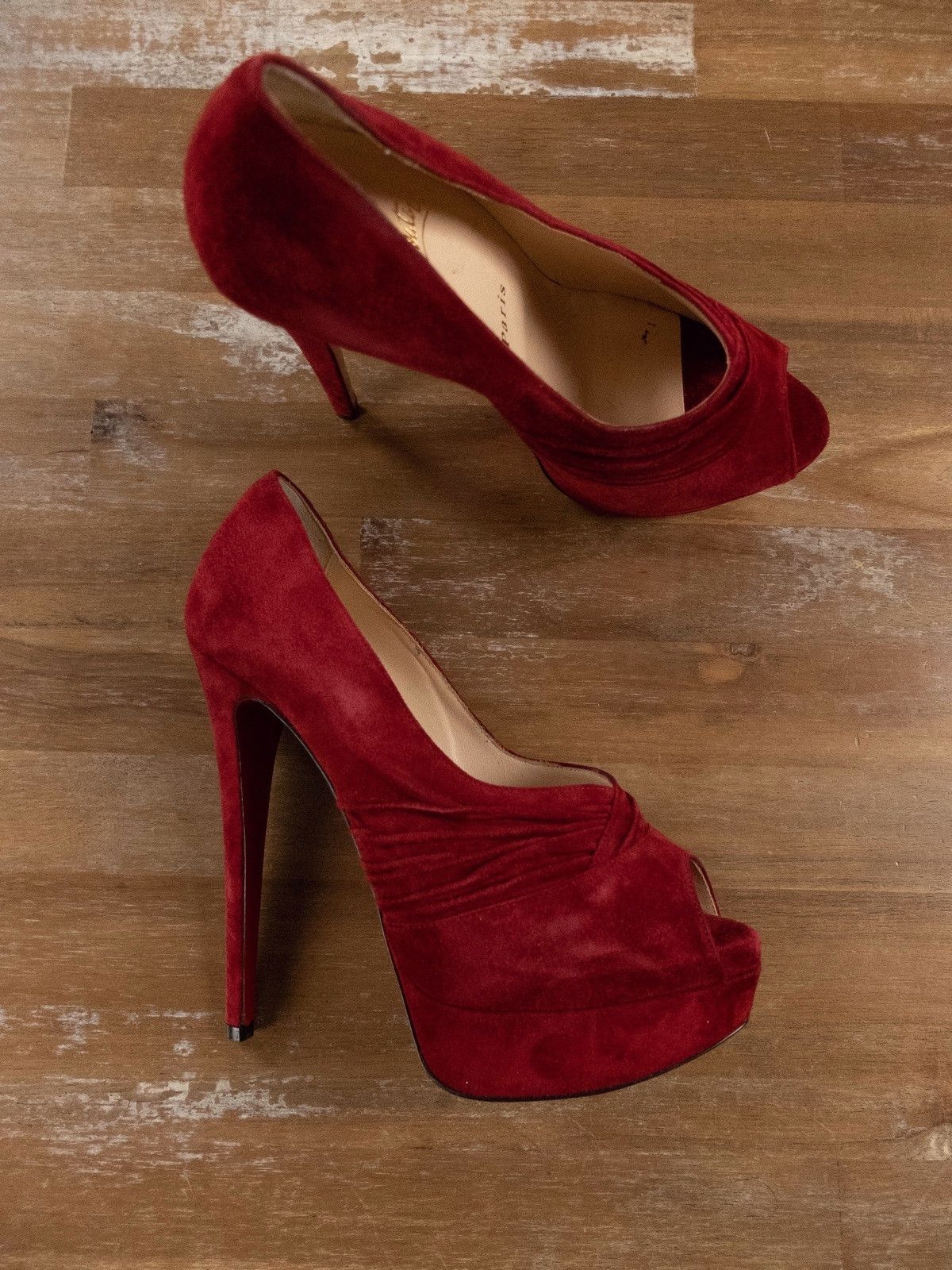 Christian Louboutin $945 CHRISTIAN LOUBOUTIN Drapadita red suede platform pumps Size US 7 / IT 37 - 1 Thumbnail