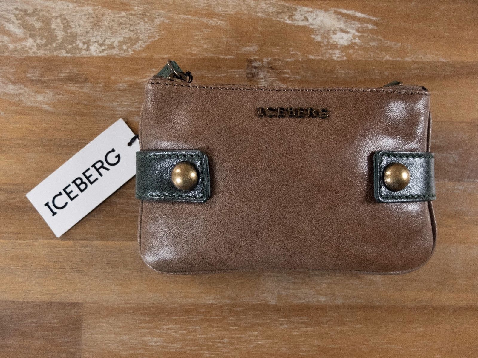 Iceberg Brown Green Two-Piece Leather Pouch Purse Wallet, Women's