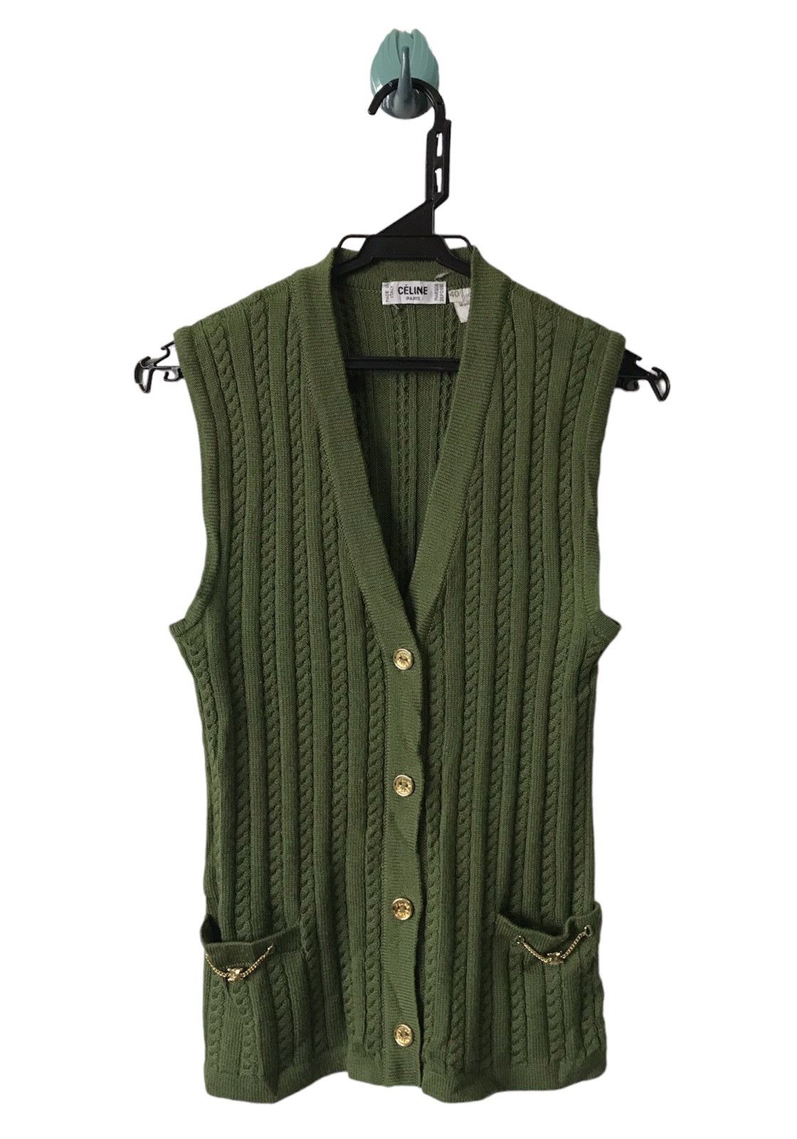 image of Celine Paris Wool Knit Sleeveless Cardigan Vest in Green, Women's (Size Small)